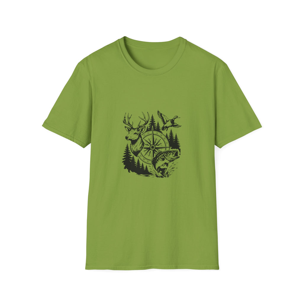 Outdoor Wildlife Compass T-Shirt — Deer Duck & Fish Nature Gift for Hunters