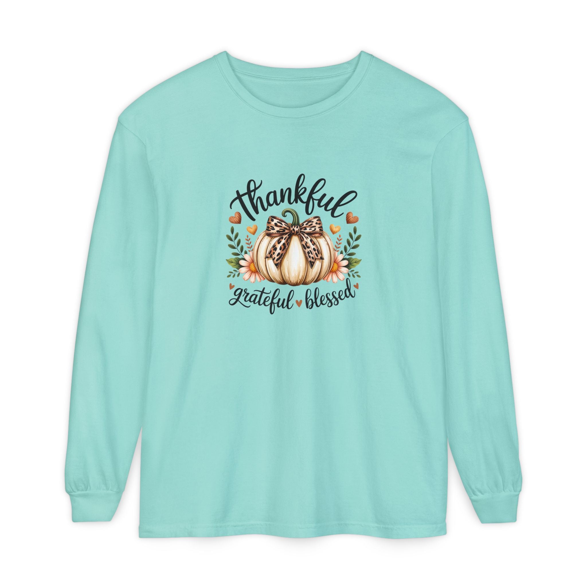 Thankful Grateful Blessed Pumpkin Long Sleeve — Cute Fall Thanksgiving Gift for Women