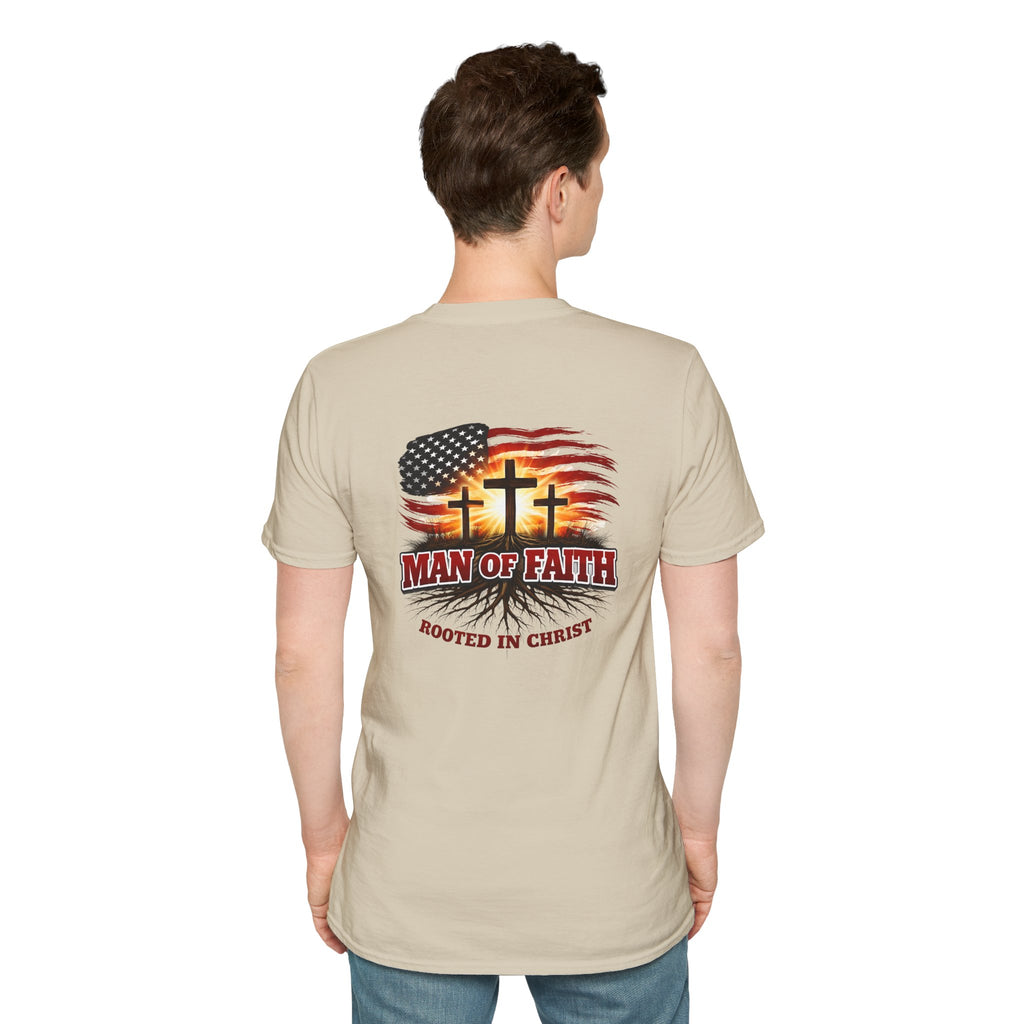 Man of Faith Rooted in Christ T-Shirt — Christian Gift for Him Flag & Cross Back Print Graphic Tee