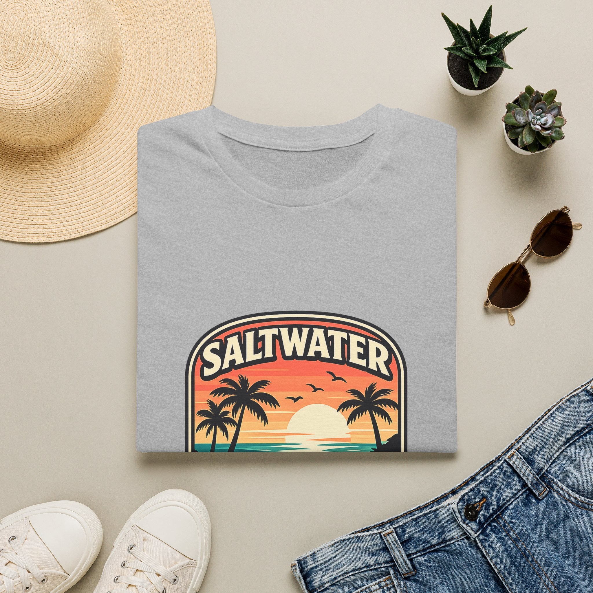 Saltwater Soul Retro Beach T-Shirt — Cute Coastal Gift for Women Sunset Palm Tee