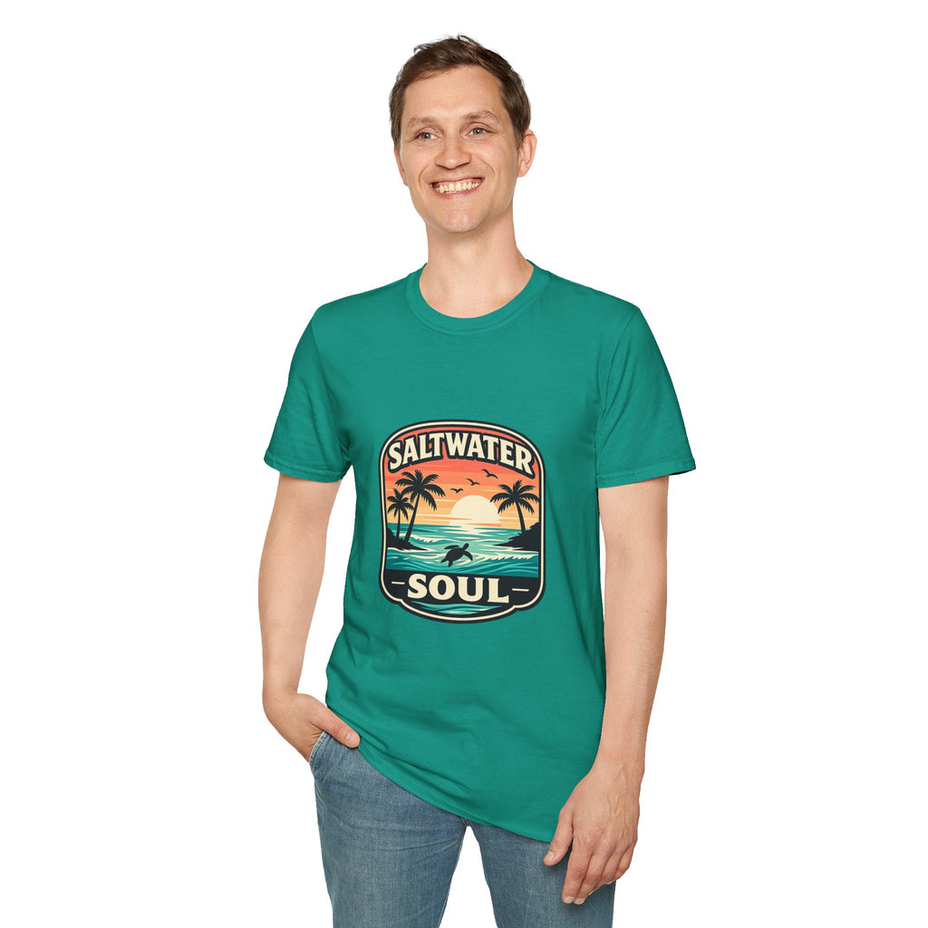 Saltwater Soul Retro Beach T-Shirt — Cute Coastal Gift for Women Sunset Palm Tee