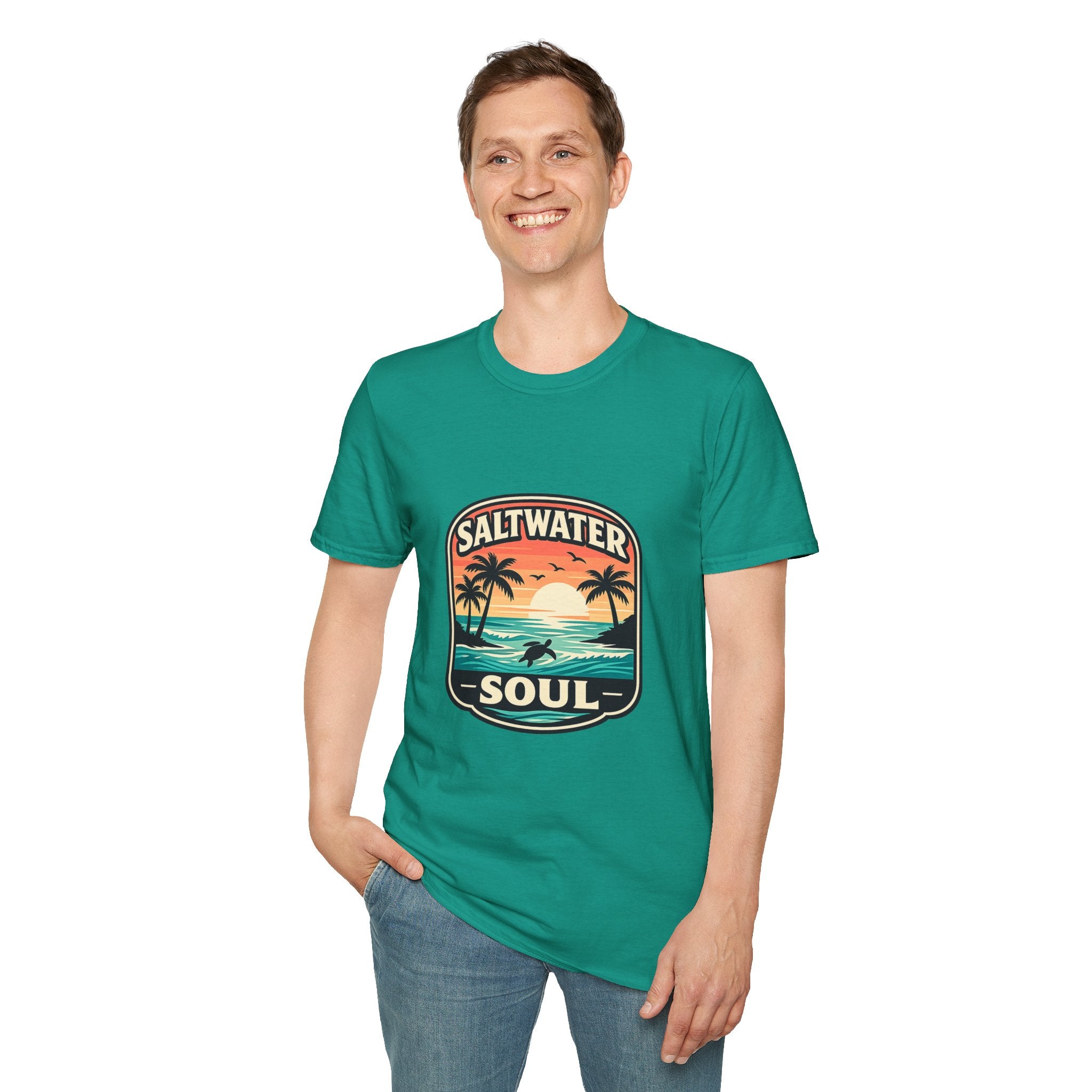 Saltwater Soul Retro Beach T-Shirt — Cute Coastal Gift for Women Sunset Palm Tee