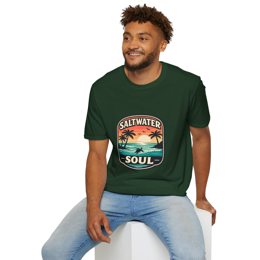 Saltwater Soul Retro Beach T-Shirt — Cute Coastal Gift for Women Sunset Palm Tee