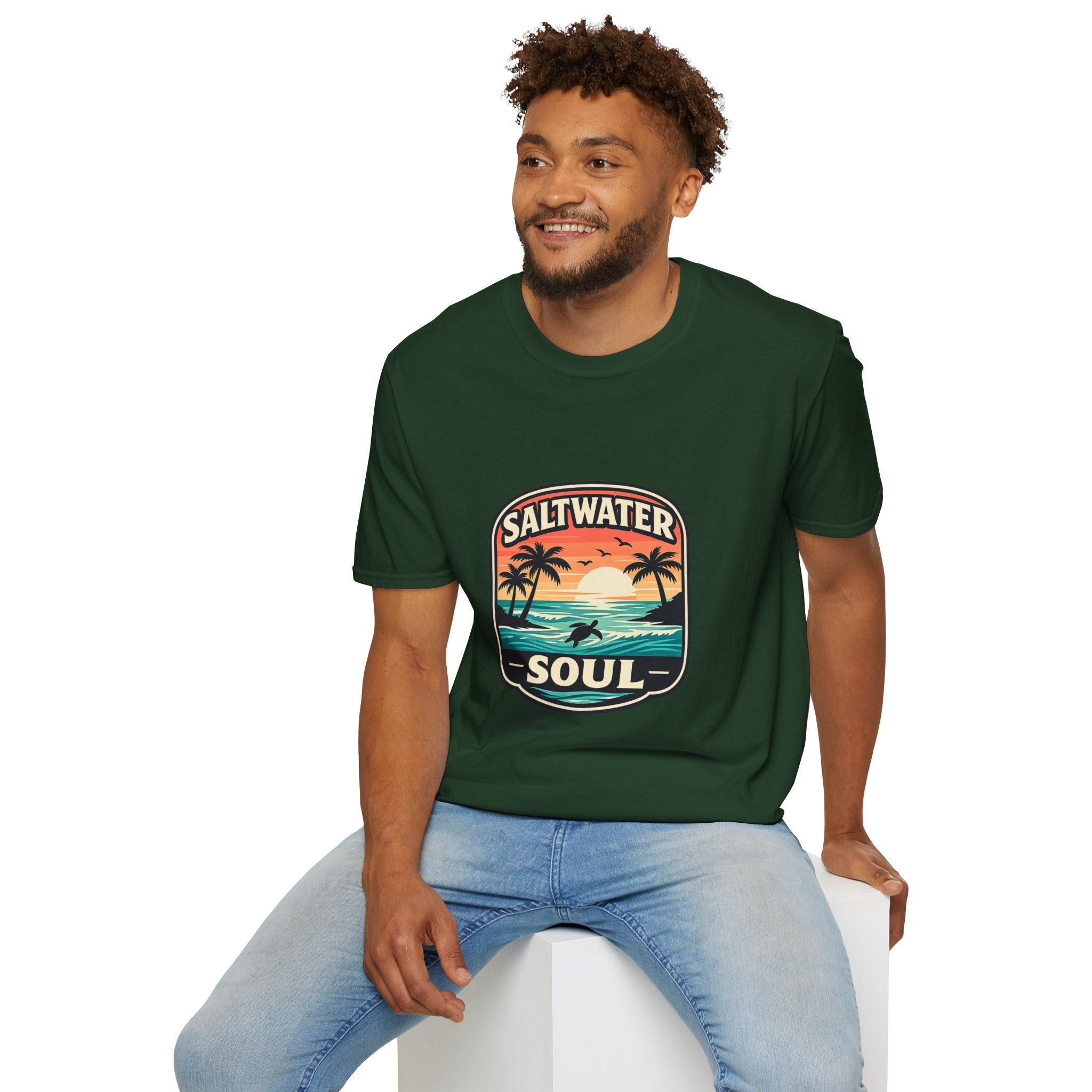 Saltwater Soul Retro Beach T-Shirt — Cute Coastal Gift for Women Sunset Palm Tee