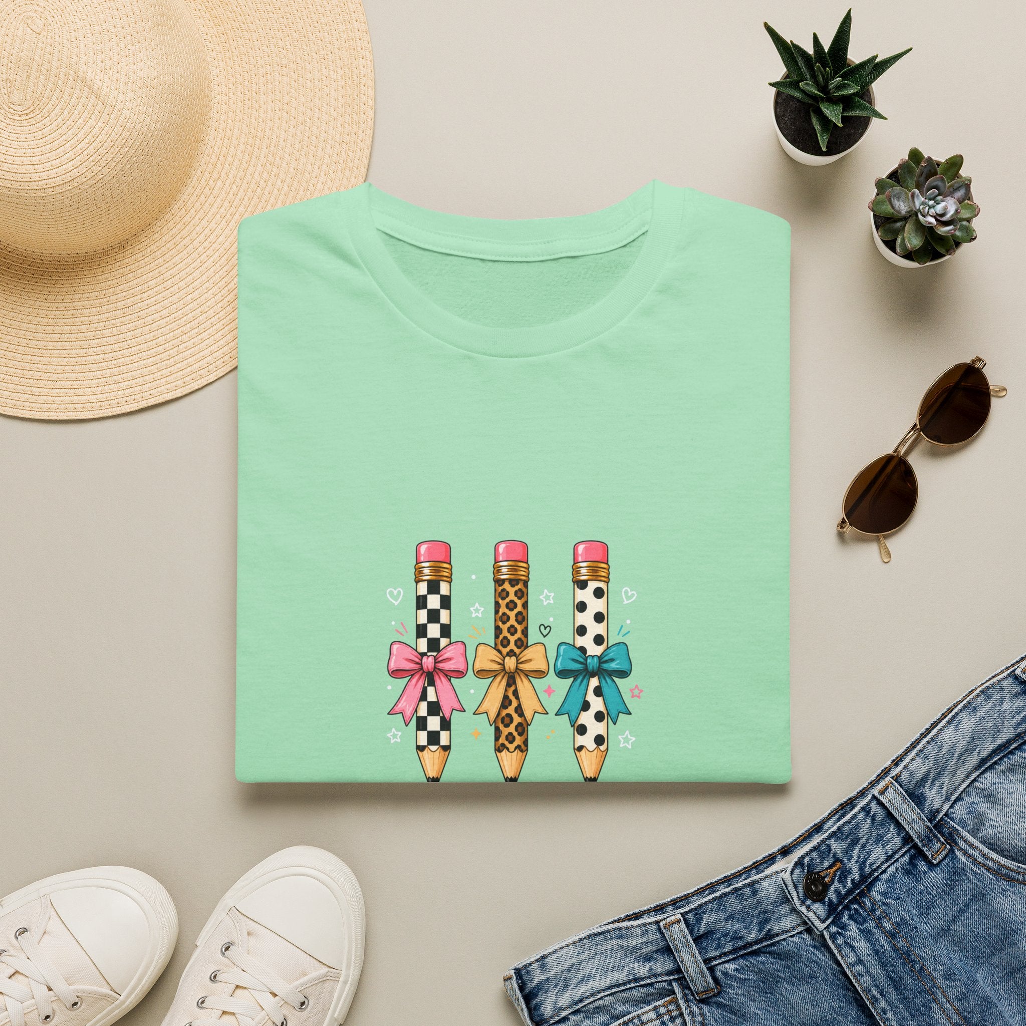 Pencil Trio Graphic T-Shirt — Cute Patterned Pencils with Bows