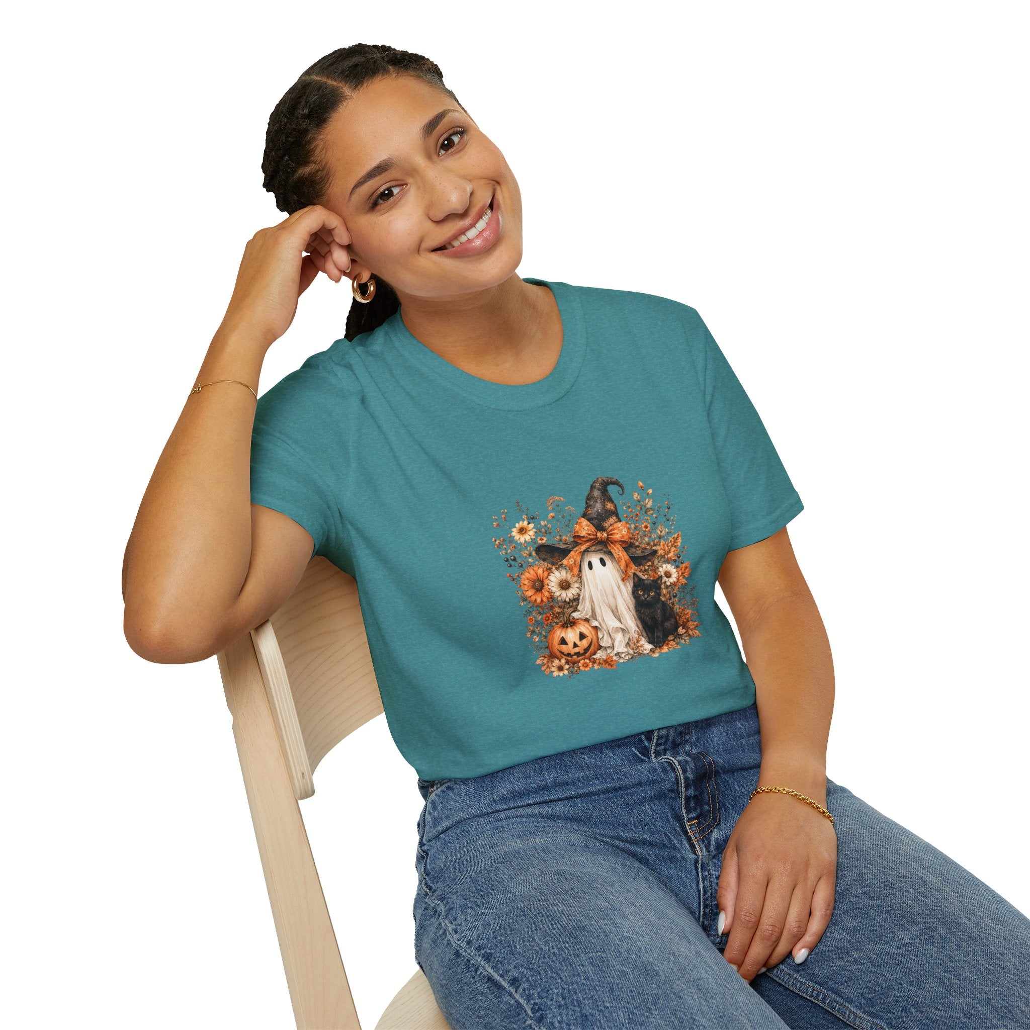Halloween Witch Ghost & Cat T-Shirt — Cute Spooky Gift for Women Fall Floral Tee