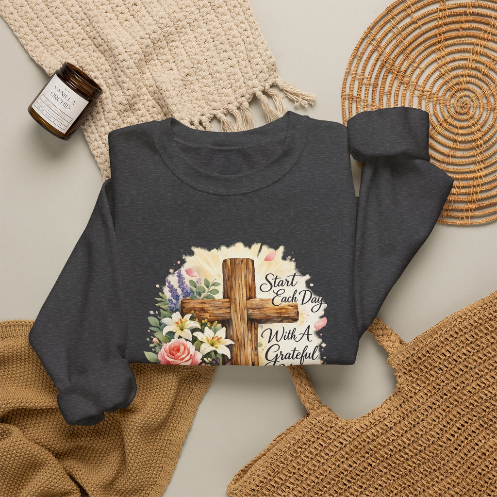 Christian Crewneck Sweatshirt — "Start Each Day with a Grateful Heart" Floral Cross