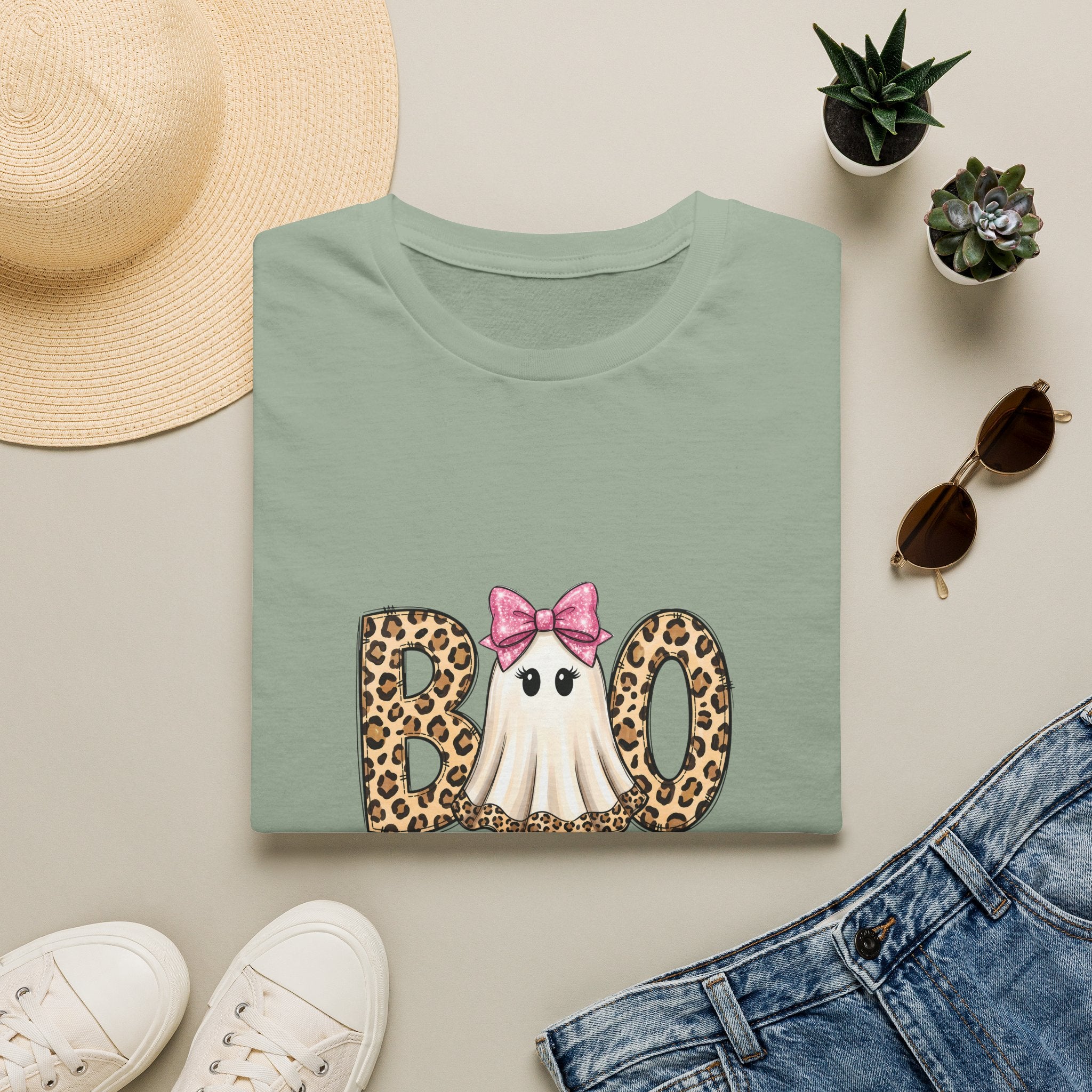 Boo Leopard Ghost T-Shirt — Cute Pink Bow Halloween Gift for Women Graphic Tee