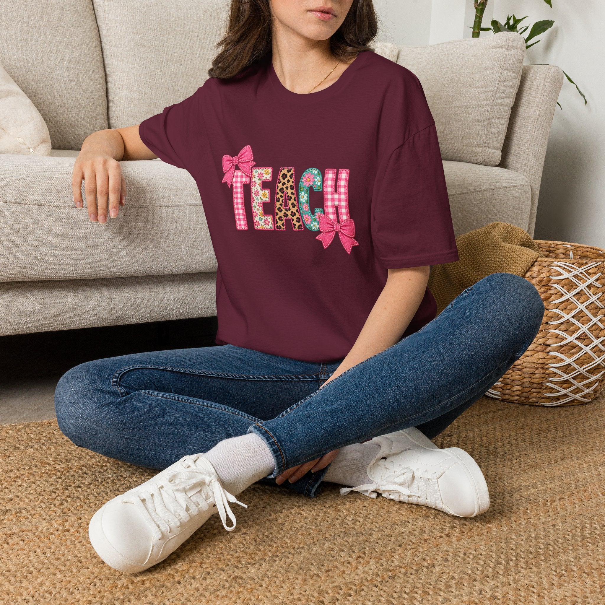 Floral Leopard TEACH T-Shirt — Cute Back-to-School Gift for Teachers Pink Bow Tee
