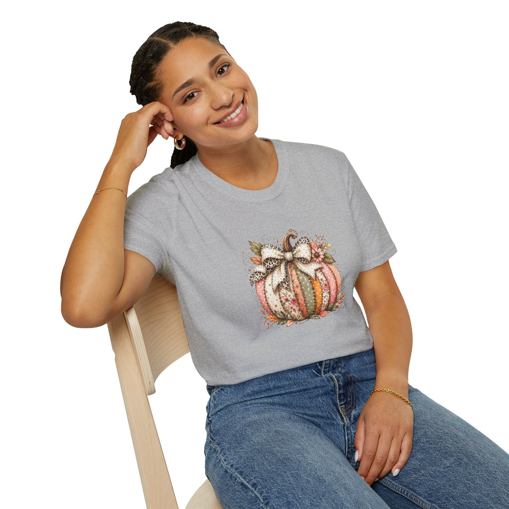 Autumn Floral Pumpkin Leopard Bow T-Shirt — Cute Fall Gift for Women Graphic Tee