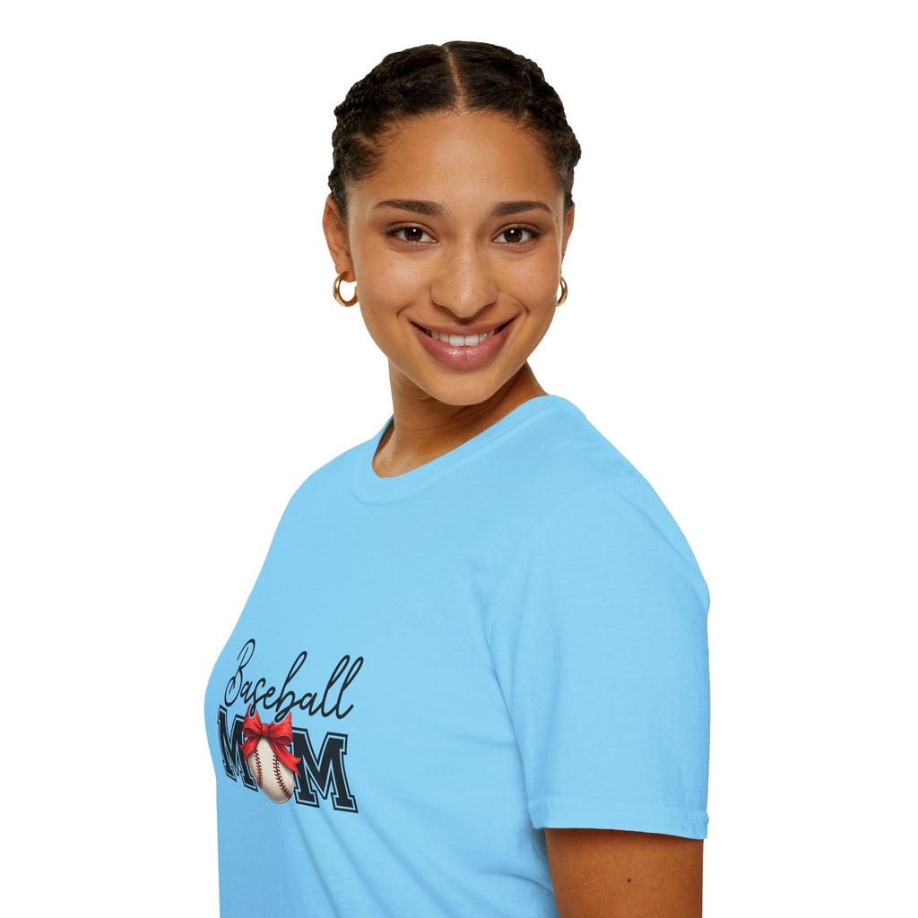Baseball Mom T-Shirt — Cute Red Bow Gift for Sports Moms Game Day Graphic Tee