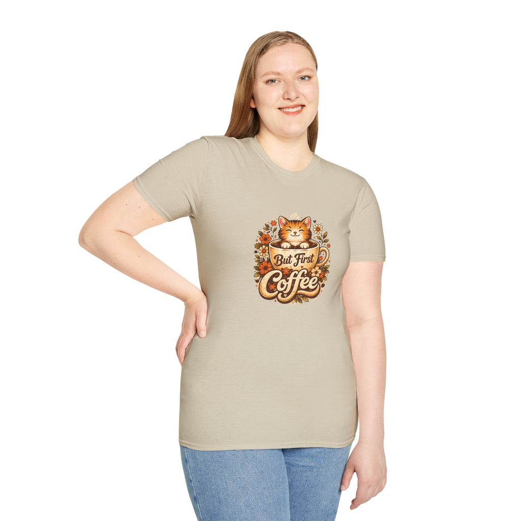 But First Coffee Cat T-Shirt — Cute Floral Gift for Coffee Lovers Women's Tee