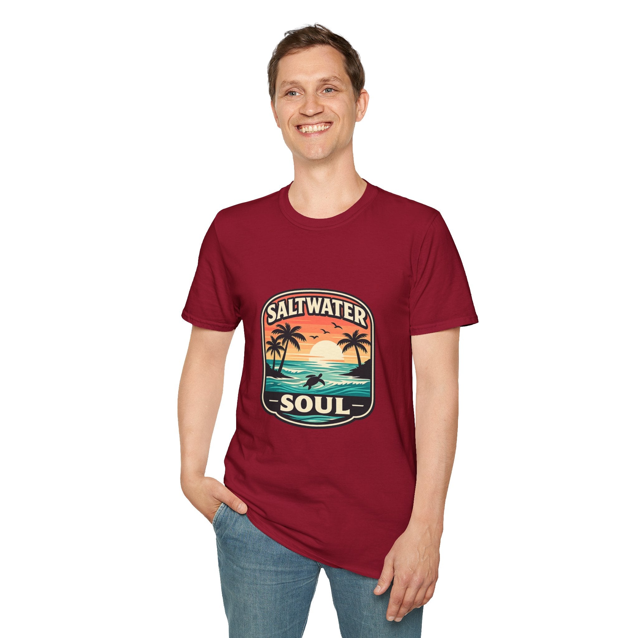 Saltwater Soul Retro Beach T-Shirt — Cute Coastal Gift for Women Sunset Palm Tee
