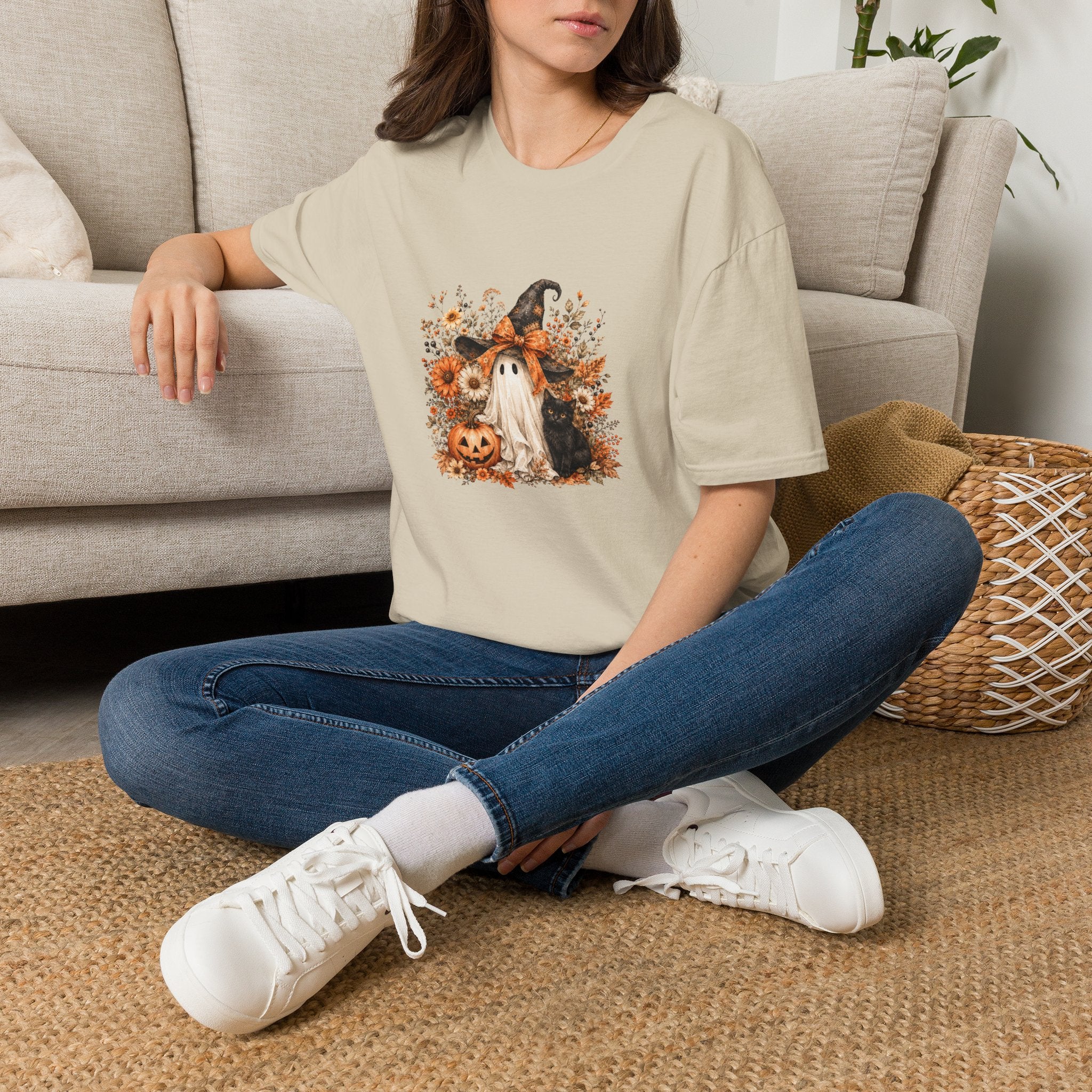 Halloween Witch Ghost & Cat T-Shirt — Cute Spooky Gift for Women Fall Floral Tee