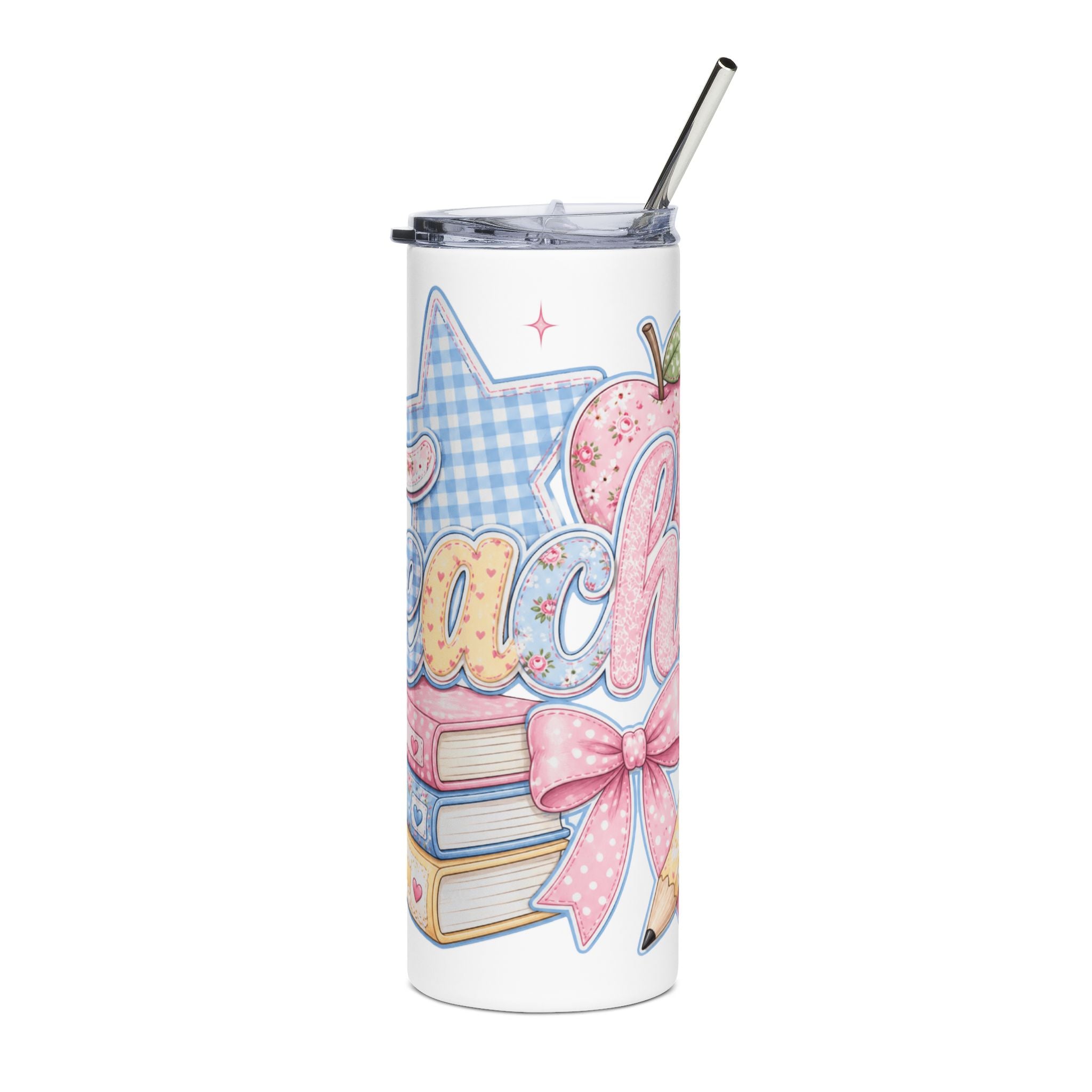 Cute Pastel Books & Apple Teacher Tumbler — Cute Appreciation Gift for Teachers 20oz