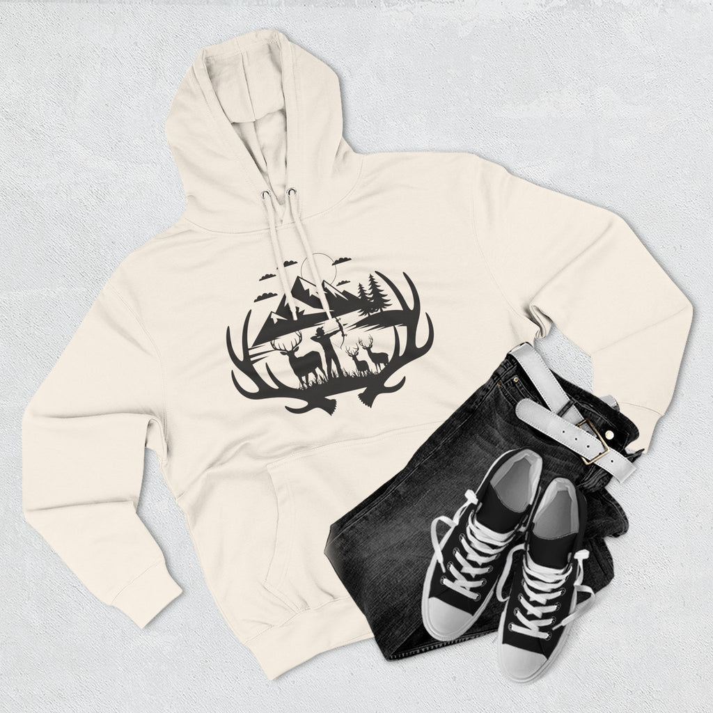 Deer Antler Mountain Hoodie — Rustic Outdoor Gift for Him Wildlife Graphic Pullover