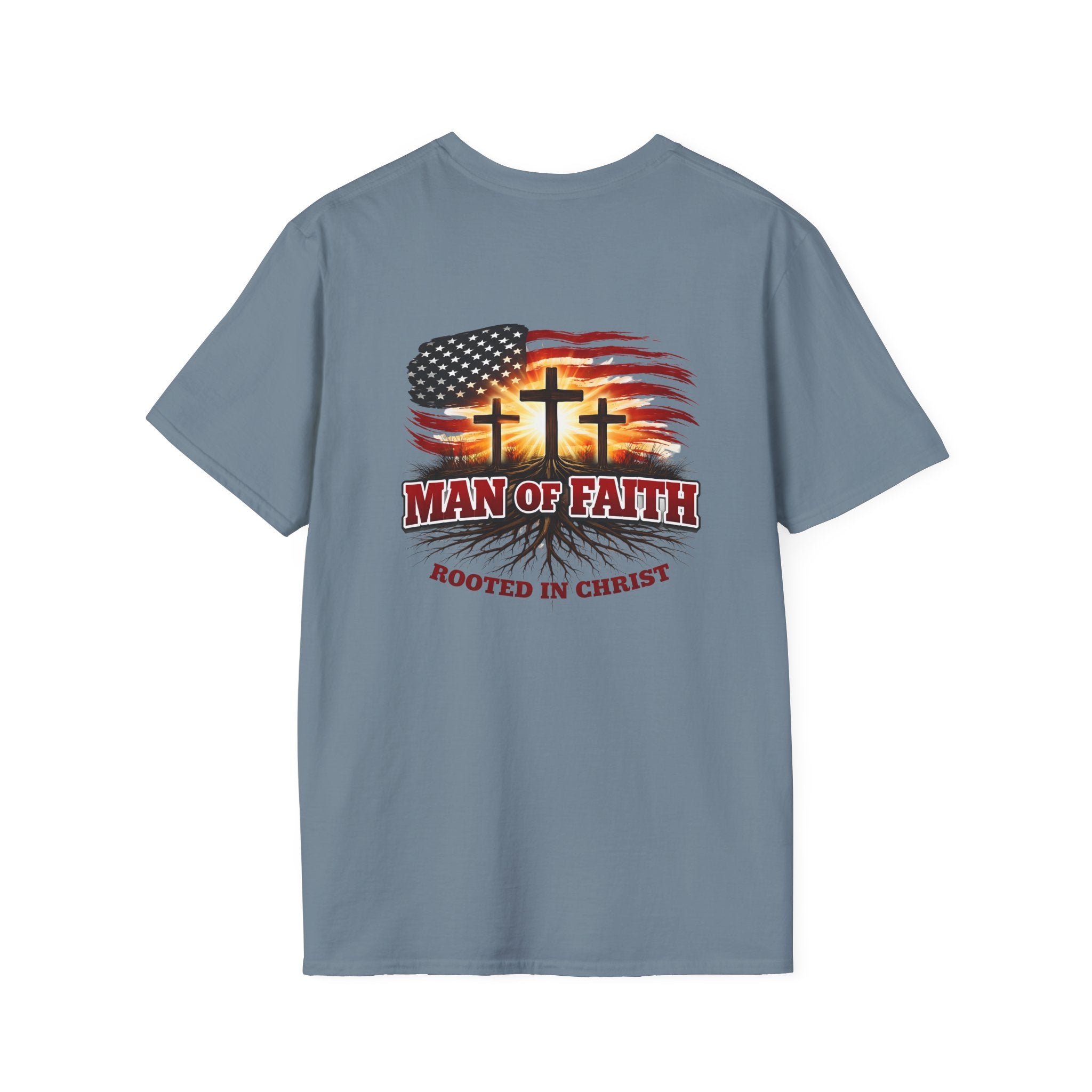 Man of Faith Rooted in Christ T-Shirt — Christian Gift for Him Flag & Cross Back Print Graphic Tee