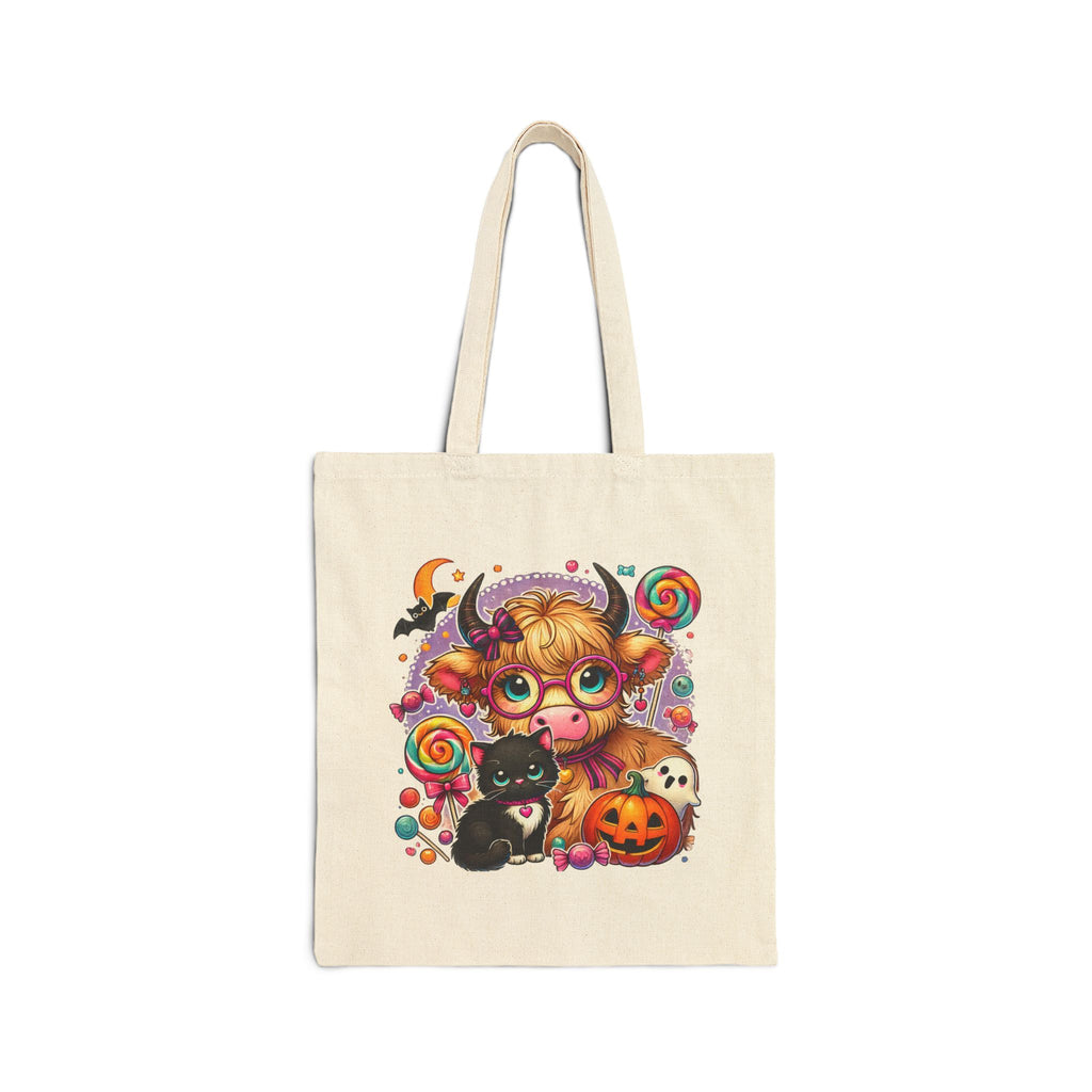 Halloween Cow Costume Canvas Tote Bag — Cute Funny Gift for Her Pumpkin & Cat Shopper