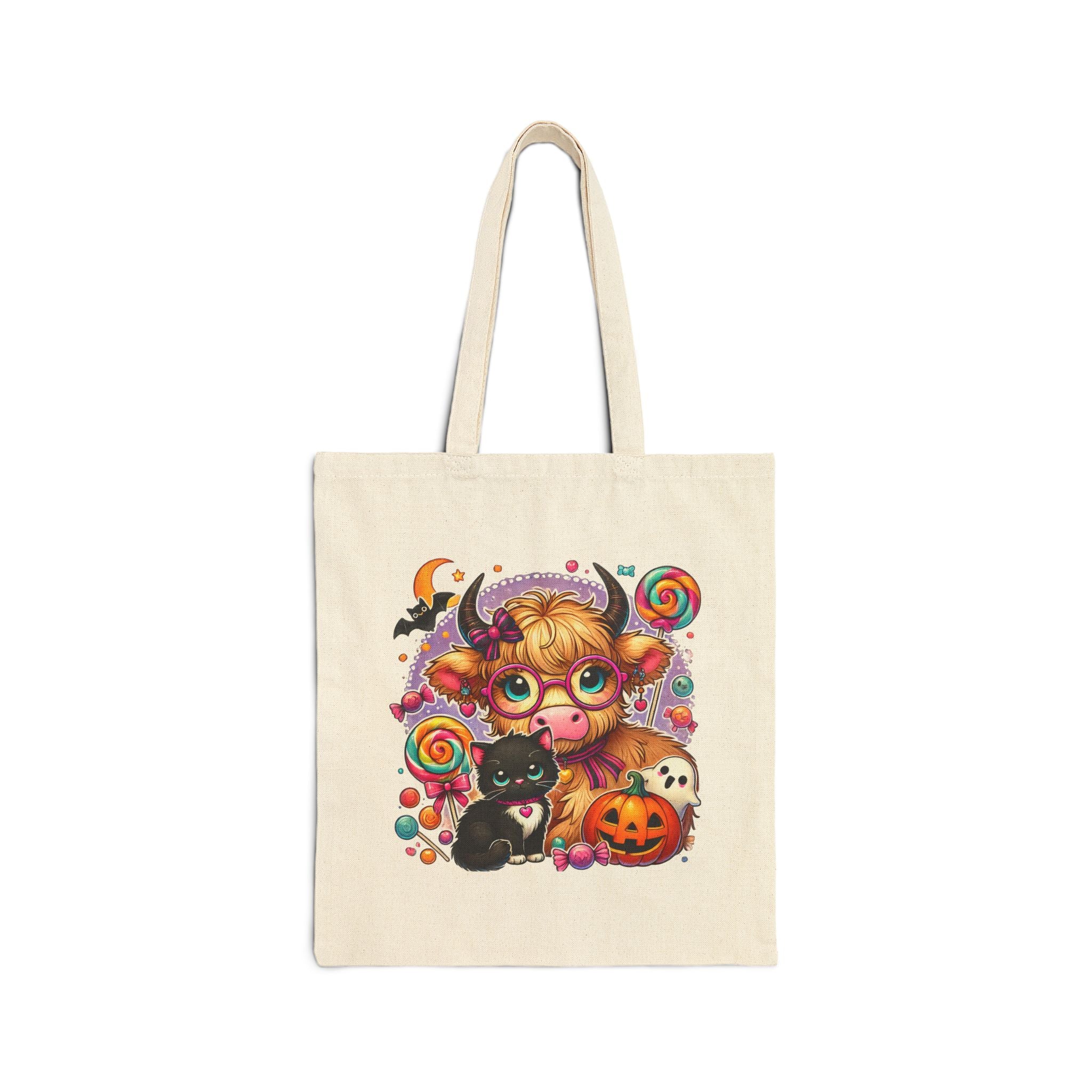 Halloween Cow Costume Canvas Tote Bag — Cute Funny Gift for Her Pumpkin & Cat Shopper