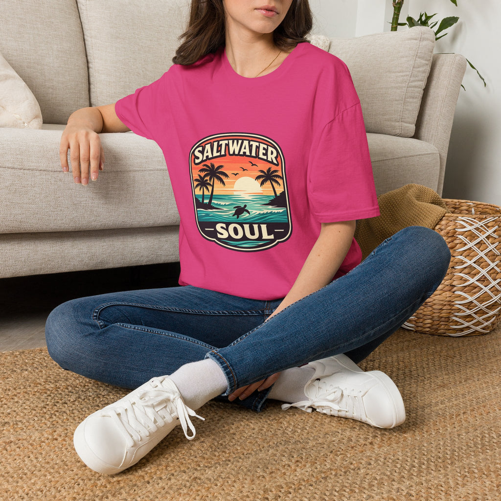 Saltwater Soul Retro Beach T-Shirt — Cute Coastal Gift for Women Sunset Palm Tee