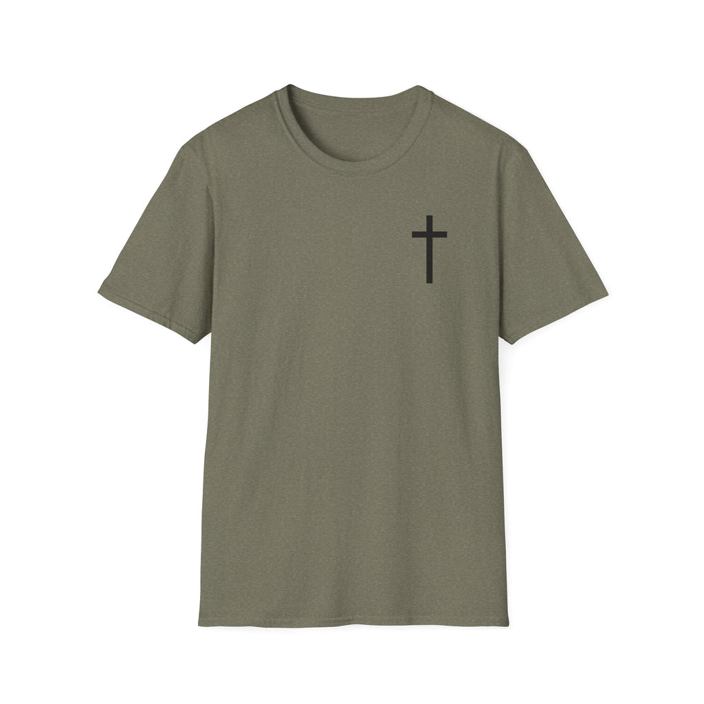 Man of Faith Rooted in Christ T-Shirt — Christian Gift for Him Flag & Cross Back Print Graphic Tee