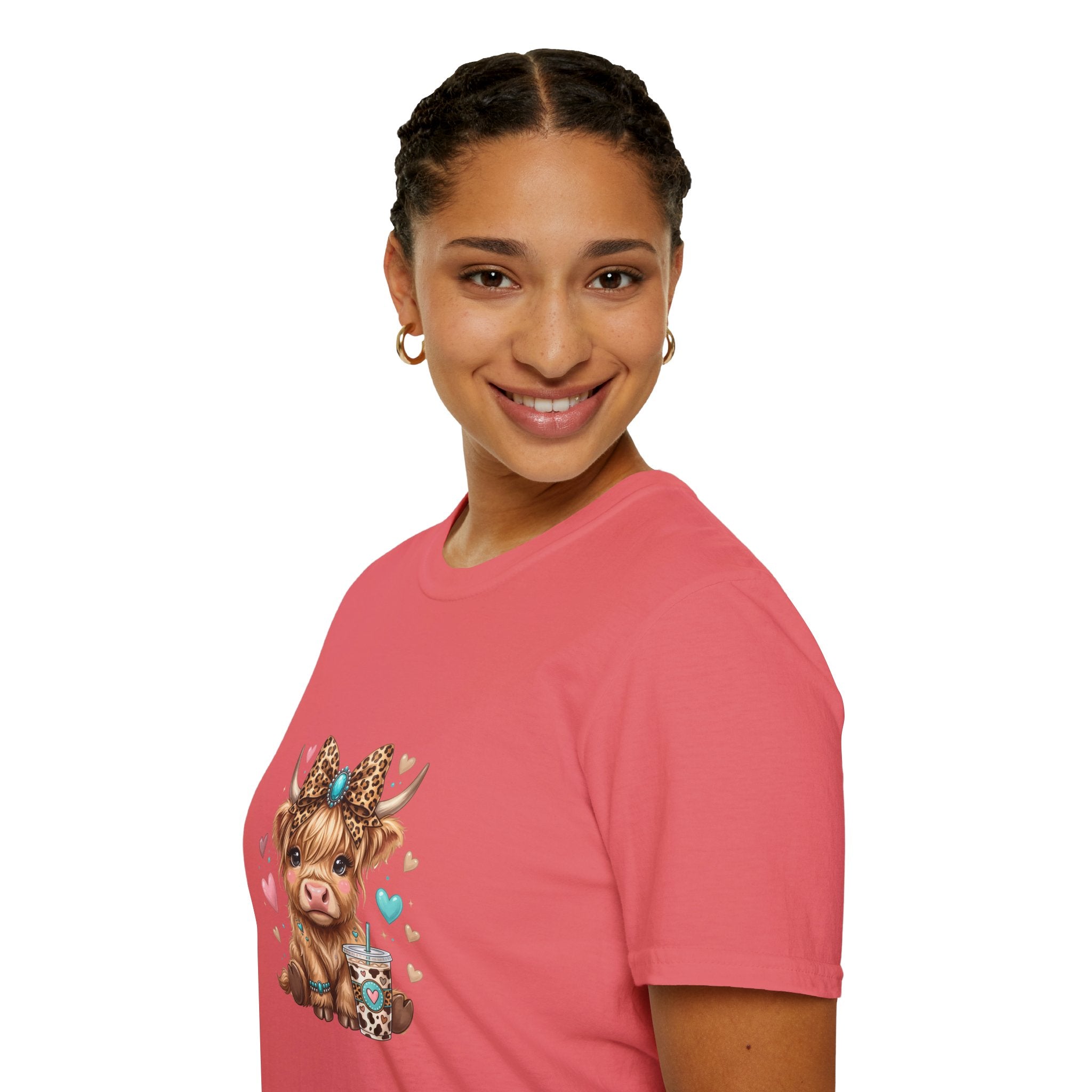 Highland Cow Leopard Bow T-Shirt — Cute Funny Gift for Her Hearts Graphic Tee