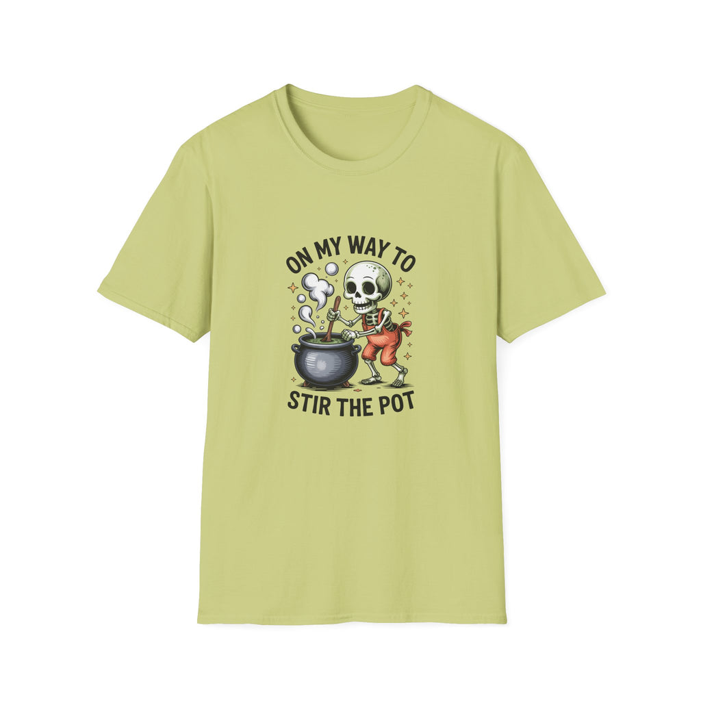 On My Way to Stir the Pot Skeleton T-Shirt — Funny Halloween Gift for Women