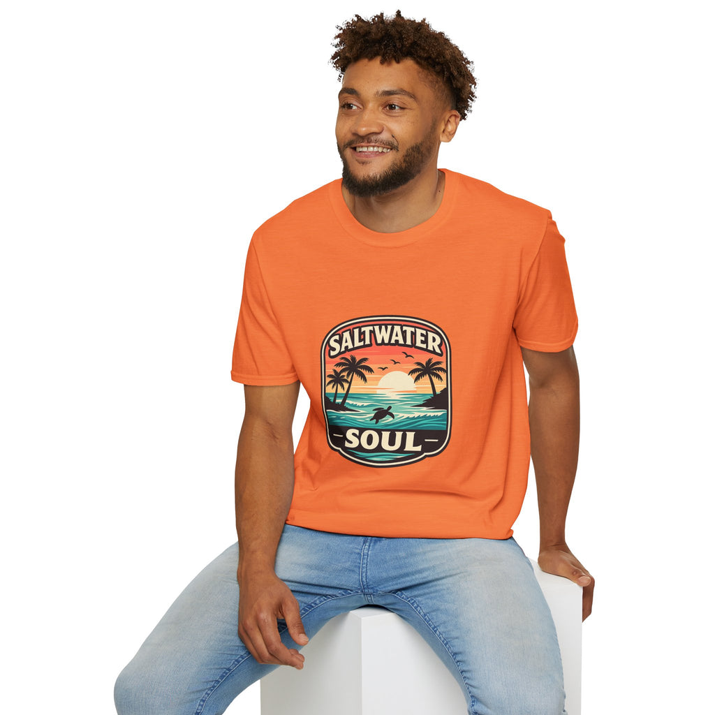 Saltwater Soul Retro Beach T-Shirt — Cute Coastal Gift for Women Sunset Palm Tee