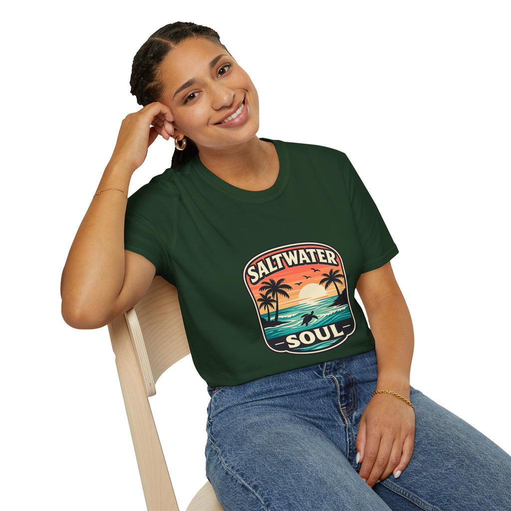 Saltwater Soul Retro Beach T-Shirt — Cute Coastal Gift for Women Sunset Palm Tee