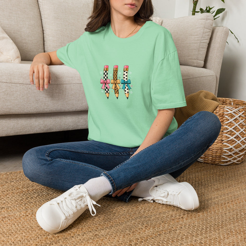 Pencil Trio Graphic T-Shirt — Cute Patterned Pencils with Bows