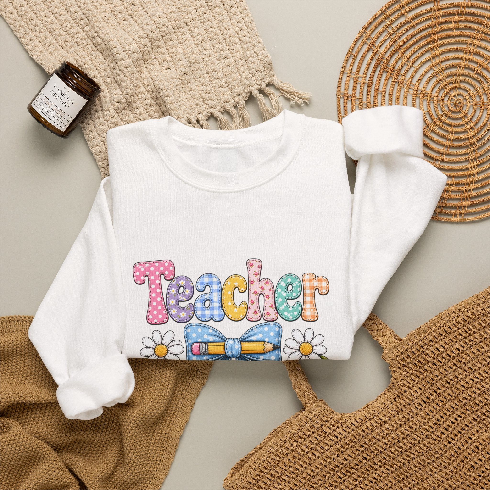Teacher Floral Bow Sweatshirt — Cute Pastel Gift for Teachers Appreciation Crewneck