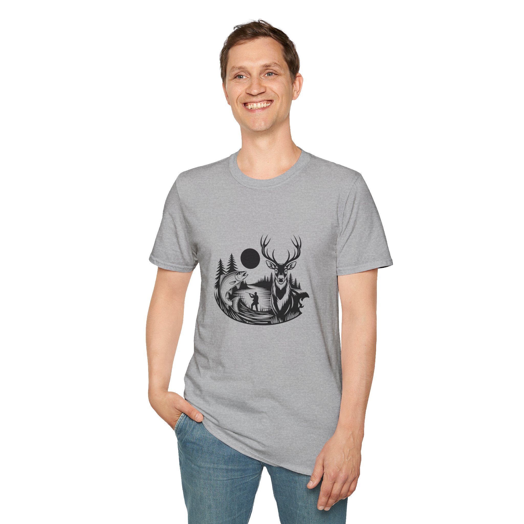 Deer & Fish Forest Silhouette T-Shirt — Rustic Outdoor Gift for Hunters Graphic Tee