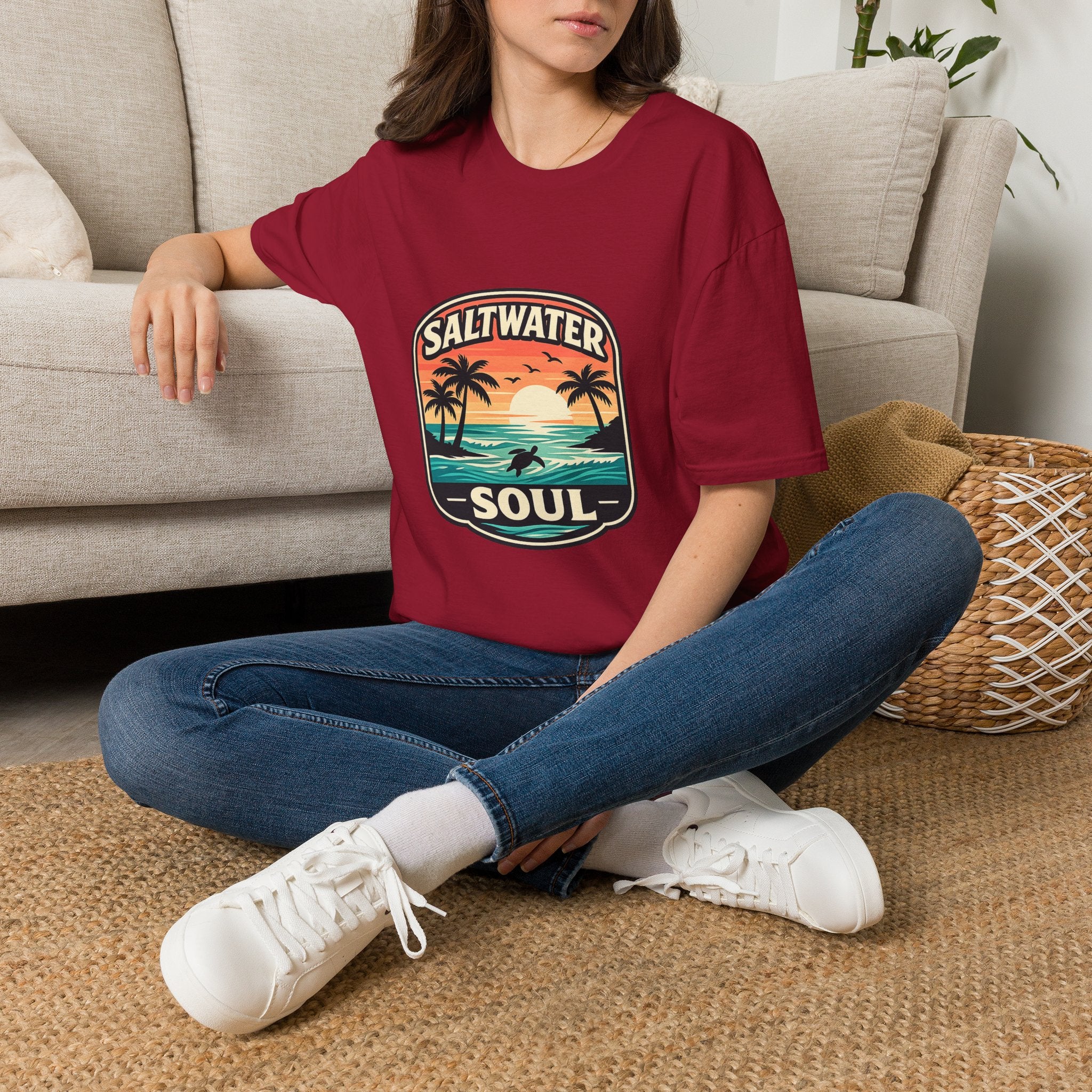 Saltwater Soul Retro Beach T-Shirt — Cute Coastal Gift for Women Sunset Palm Tee