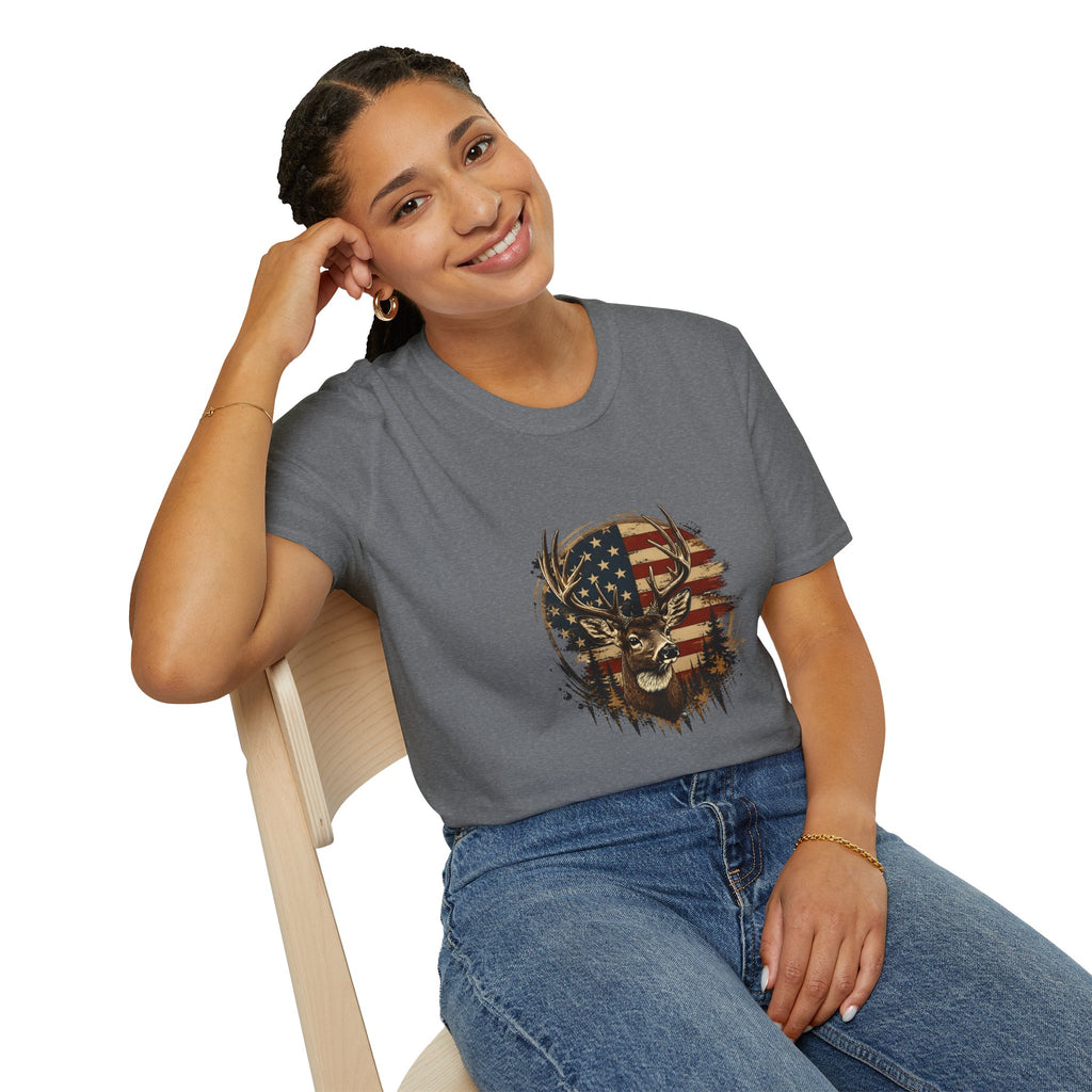 American Flag Deer T-Shirt — Patriotic Buck Gift for Hunters Men's Graphic Tee