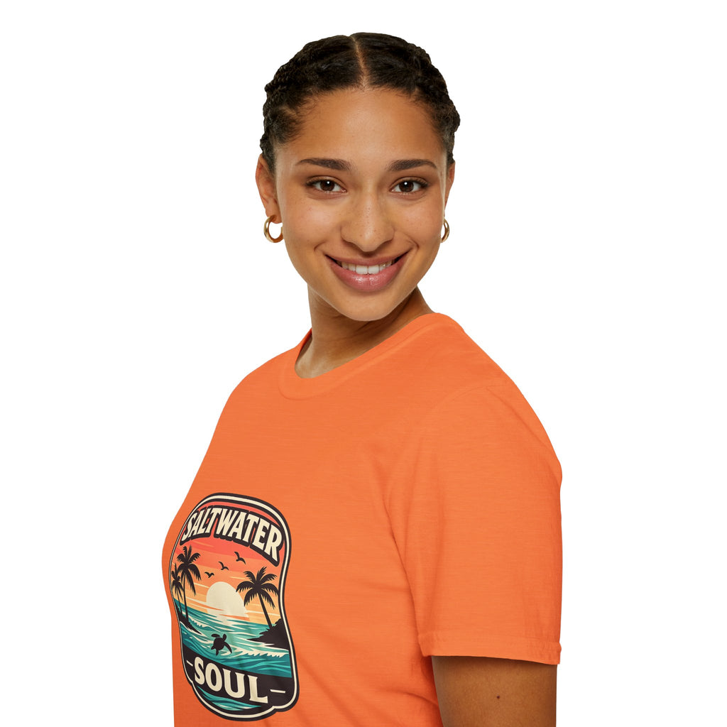 Saltwater Soul Retro Beach T-Shirt — Cute Coastal Gift for Women Sunset Palm Tee