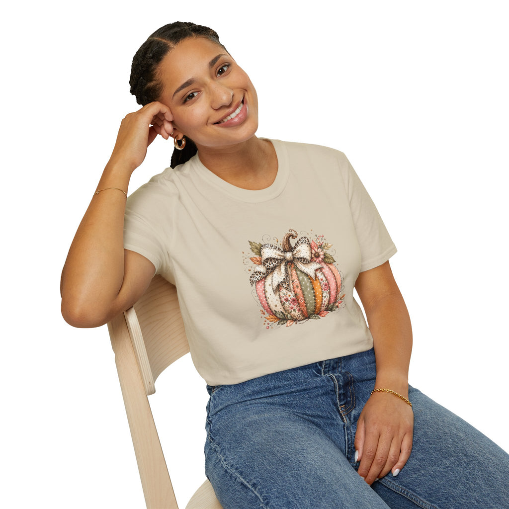 Autumn Floral Pumpkin Leopard Bow T-Shirt — Cute Fall Gift for Women Graphic Tee