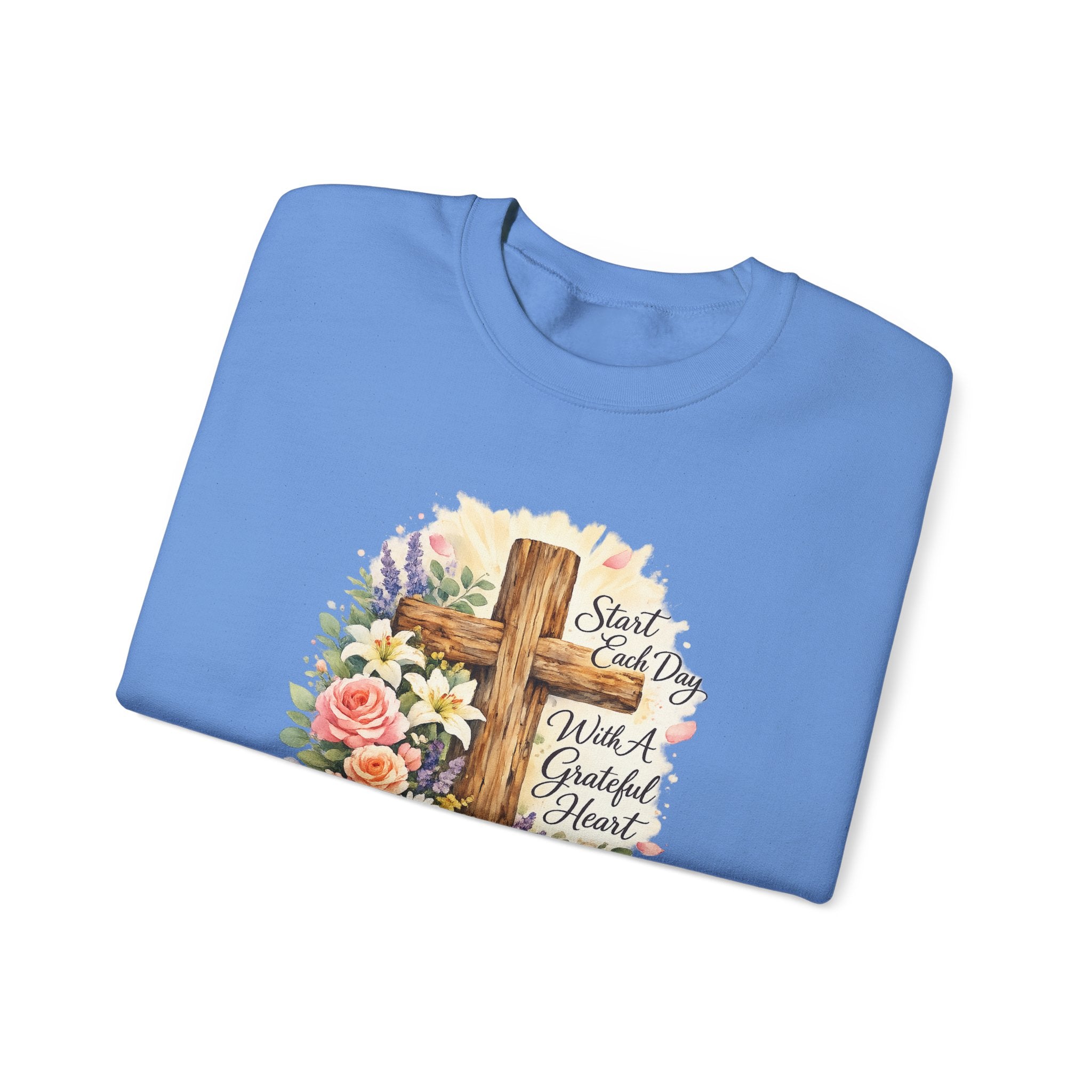Christian Crewneck Sweatshirt — "Start Each Day with a Grateful Heart" Floral Cross
