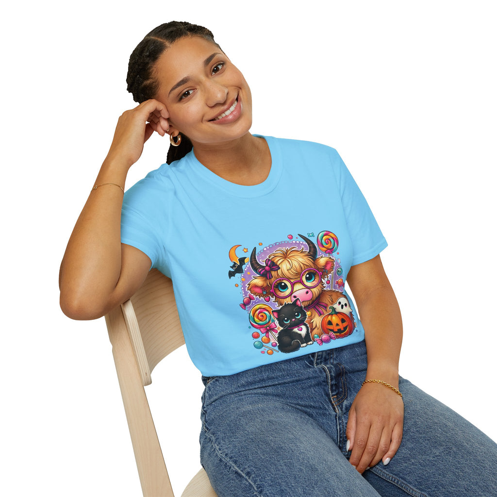 Cute Halloween Cow T-Shirt — Funny Gift for Her Candy Pumpkins & Kitty Costume Tee