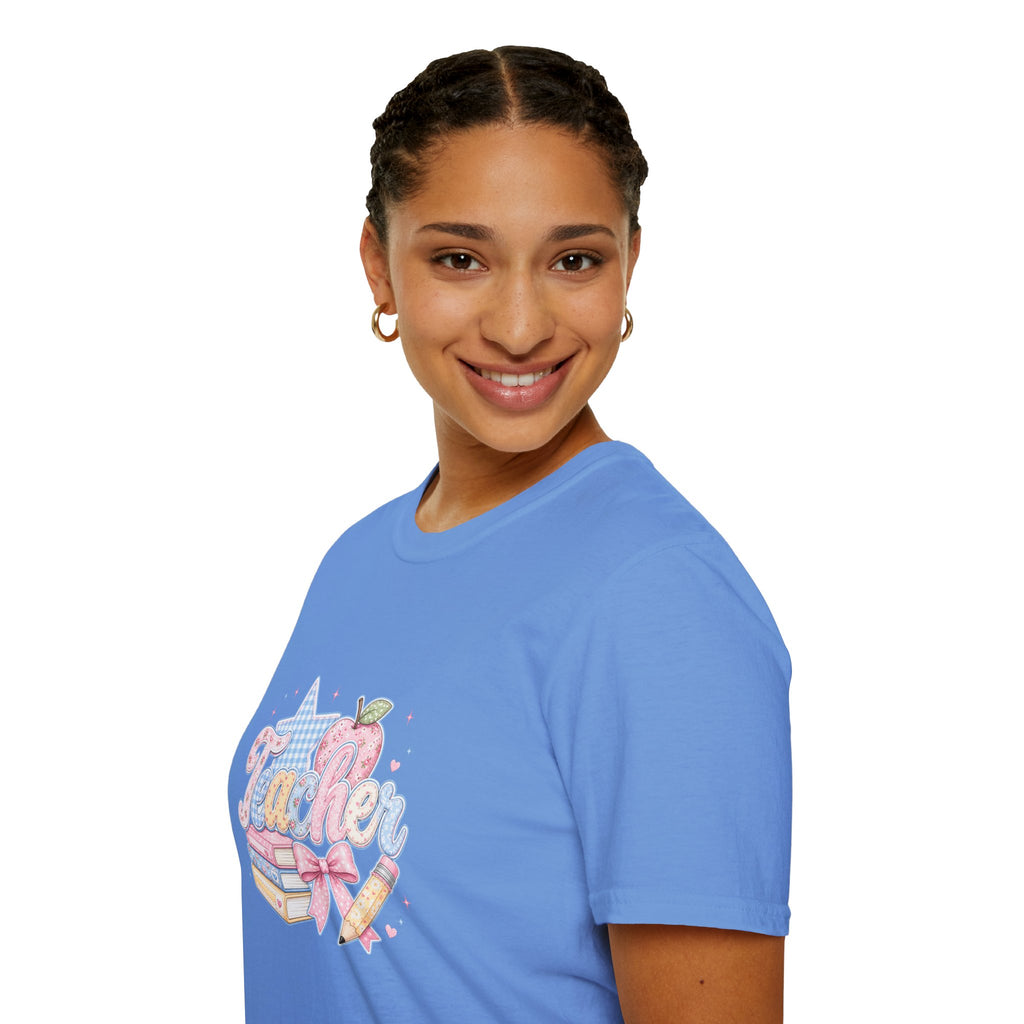Cute Pastel Apple & Books Teacher T-Shirt — Funny Back-to-School Gift Graphic Tee