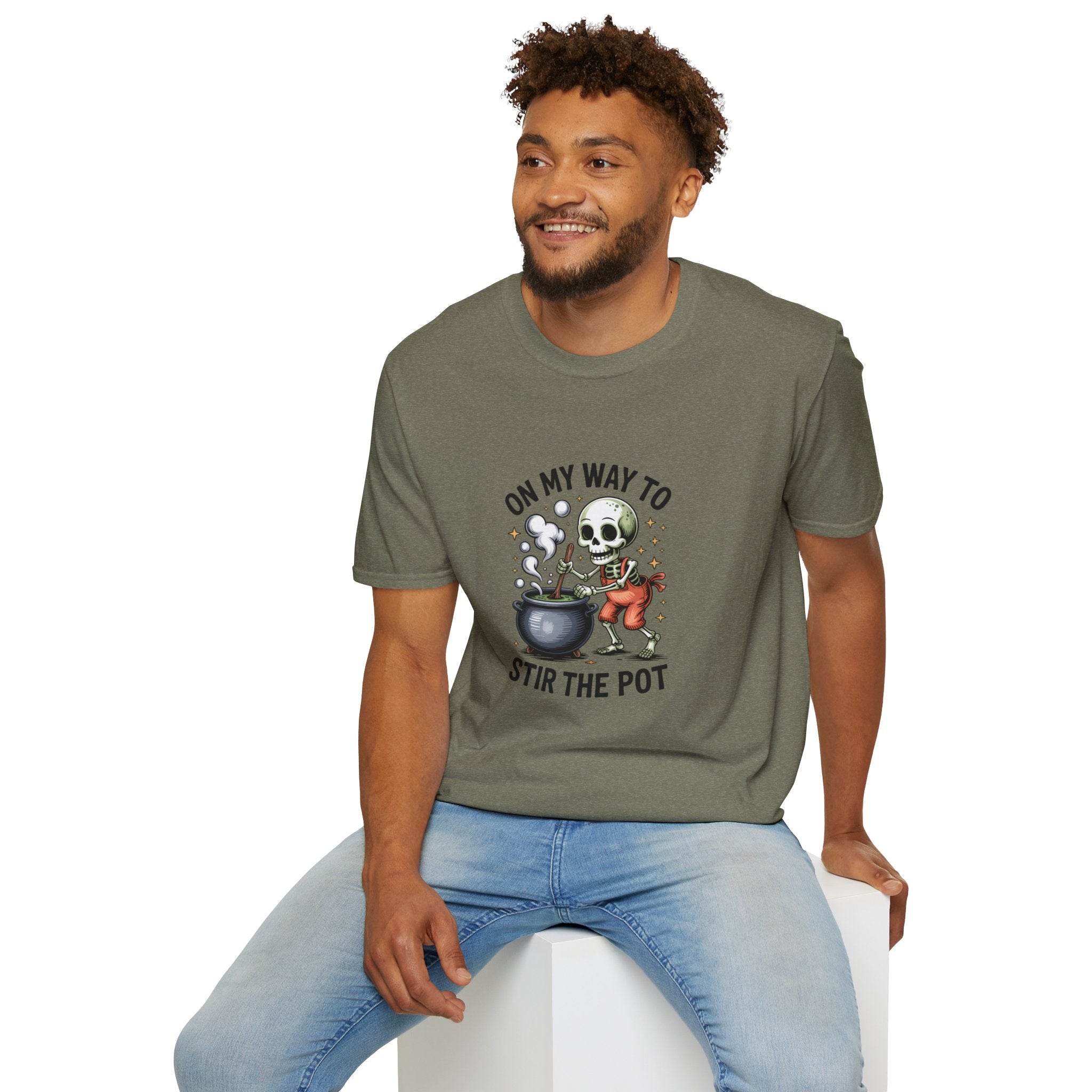 On My Way to Stir the Pot Skeleton T-Shirt — Funny Halloween Gift for Women