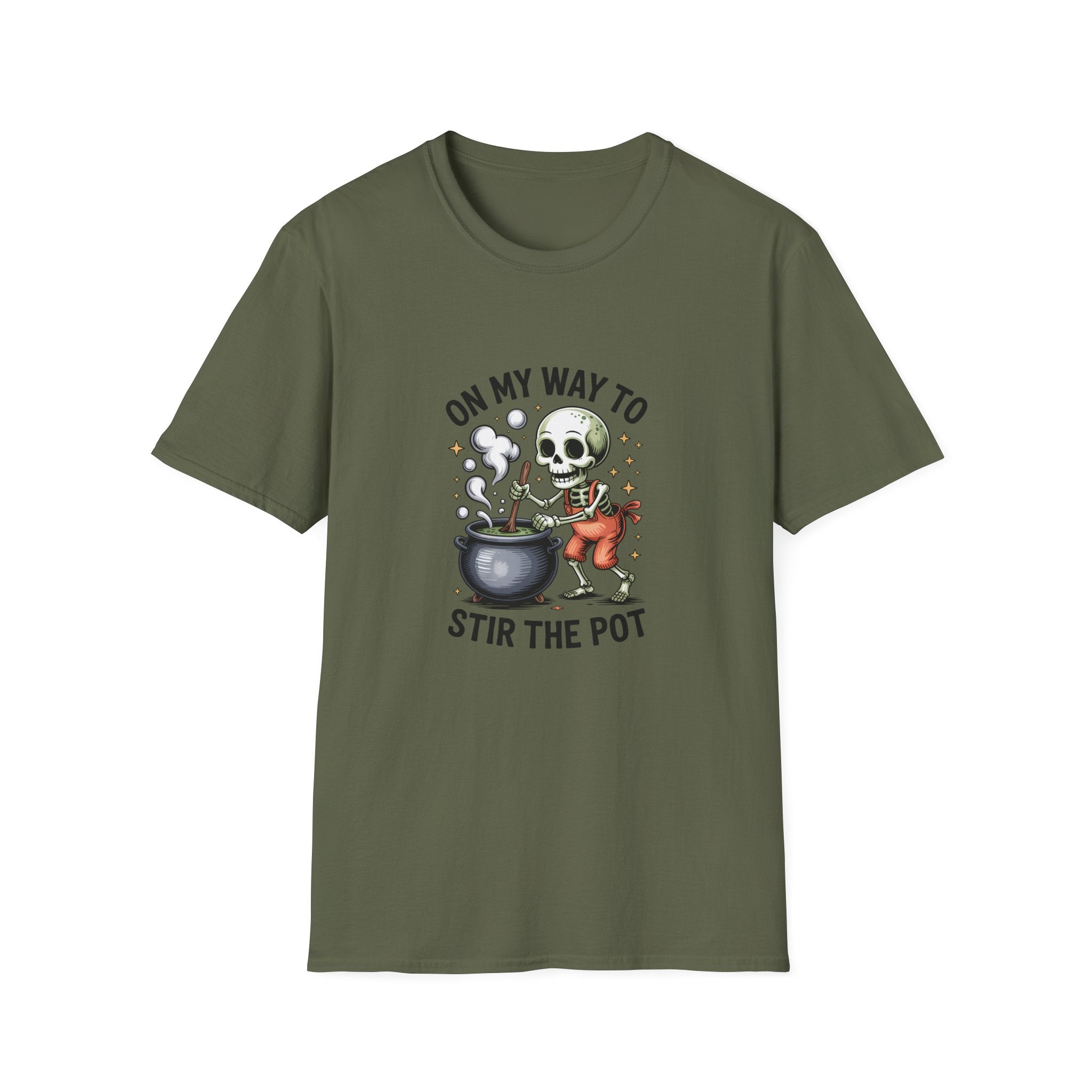 On My Way to Stir the Pot Skeleton T-Shirt — Funny Halloween Gift for Women