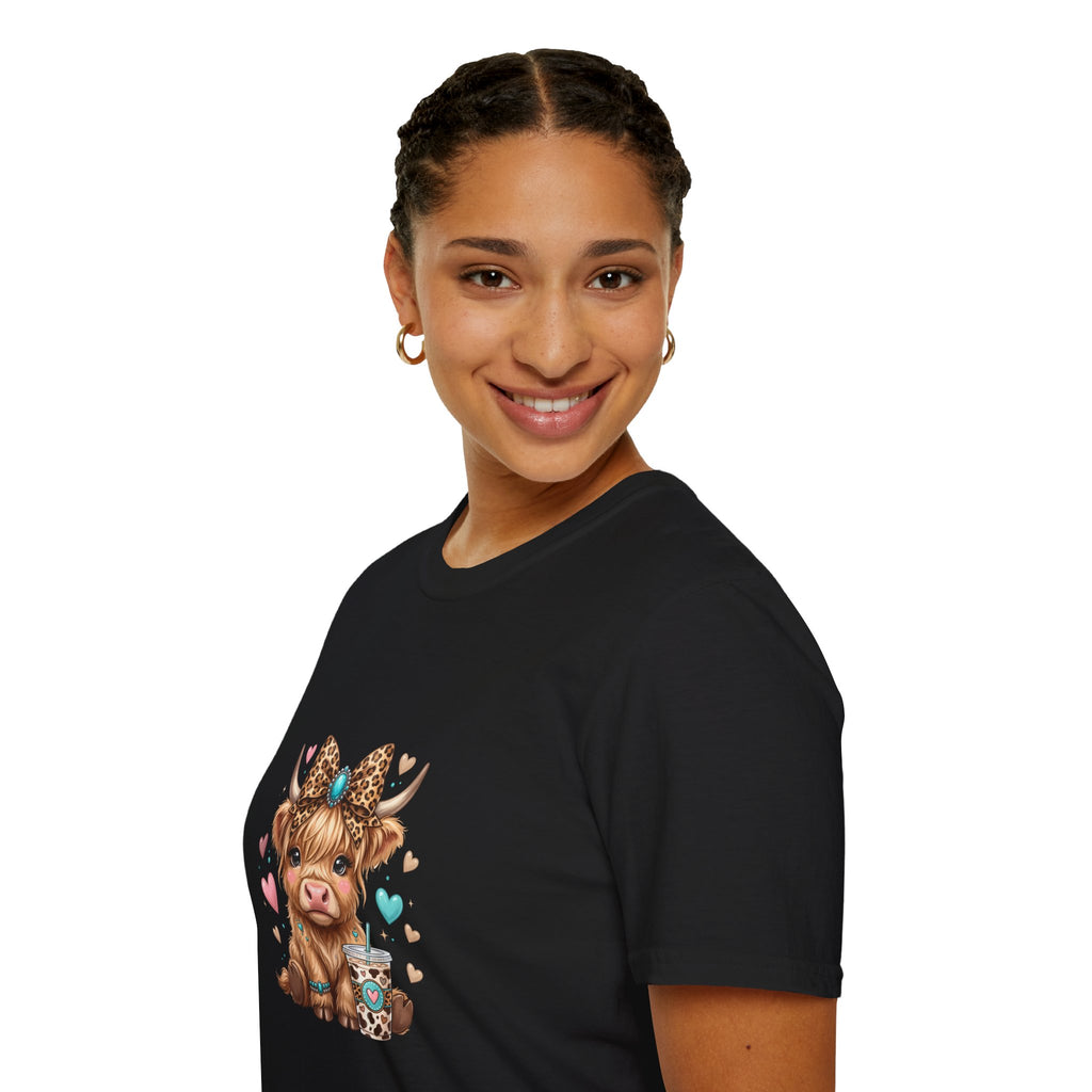Highland Cow Leopard Bow T-Shirt — Cute Funny Gift for Her Hearts Graphic Tee