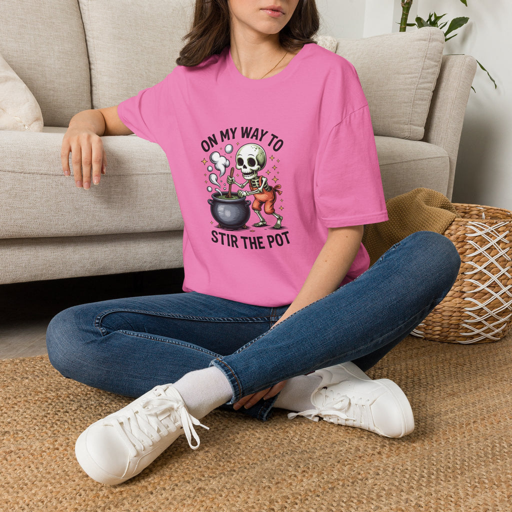 On My Way to Stir the Pot Skeleton T-Shirt — Funny Halloween Gift for Women