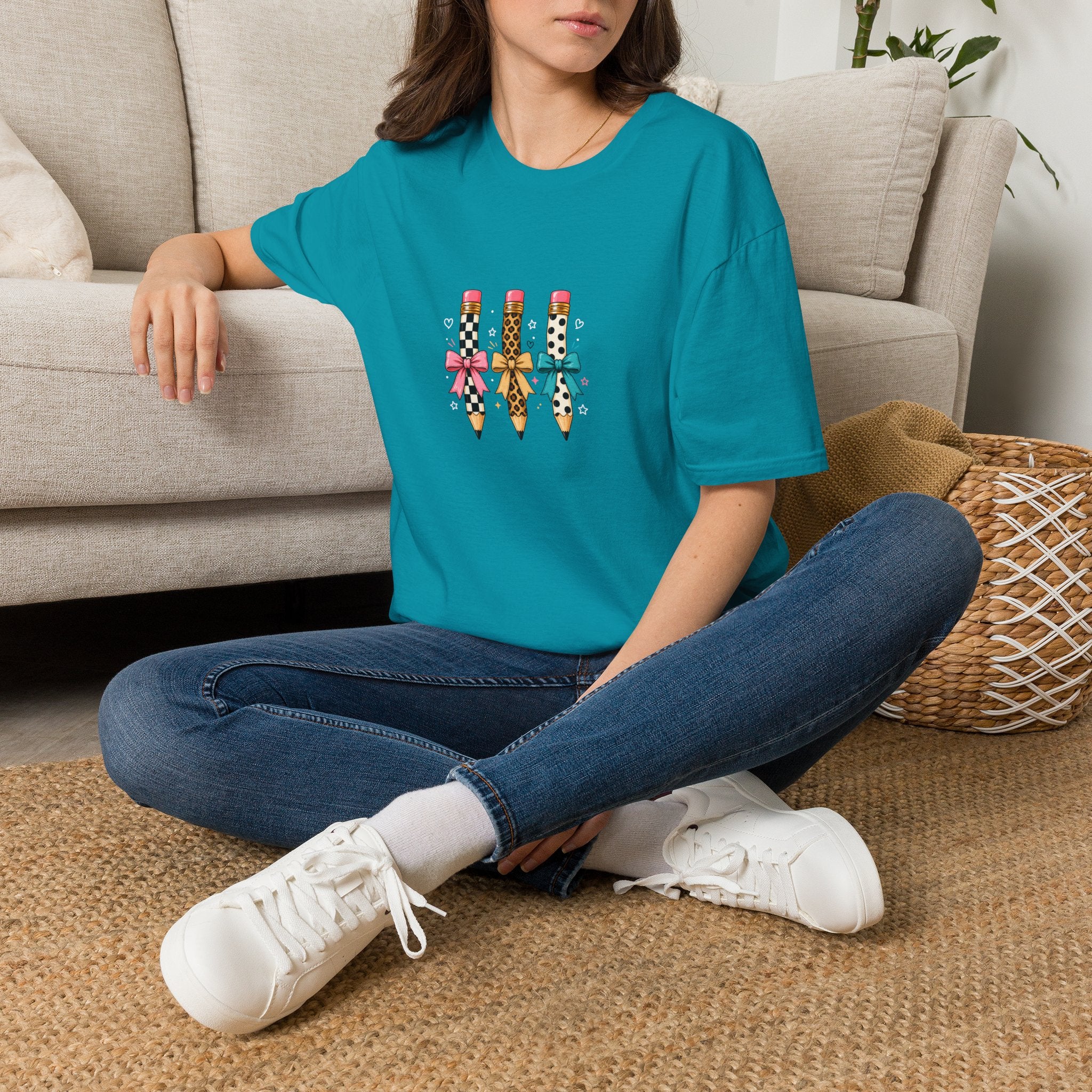 Pencil Trio Graphic T-Shirt — Cute Patterned Pencils with Bows