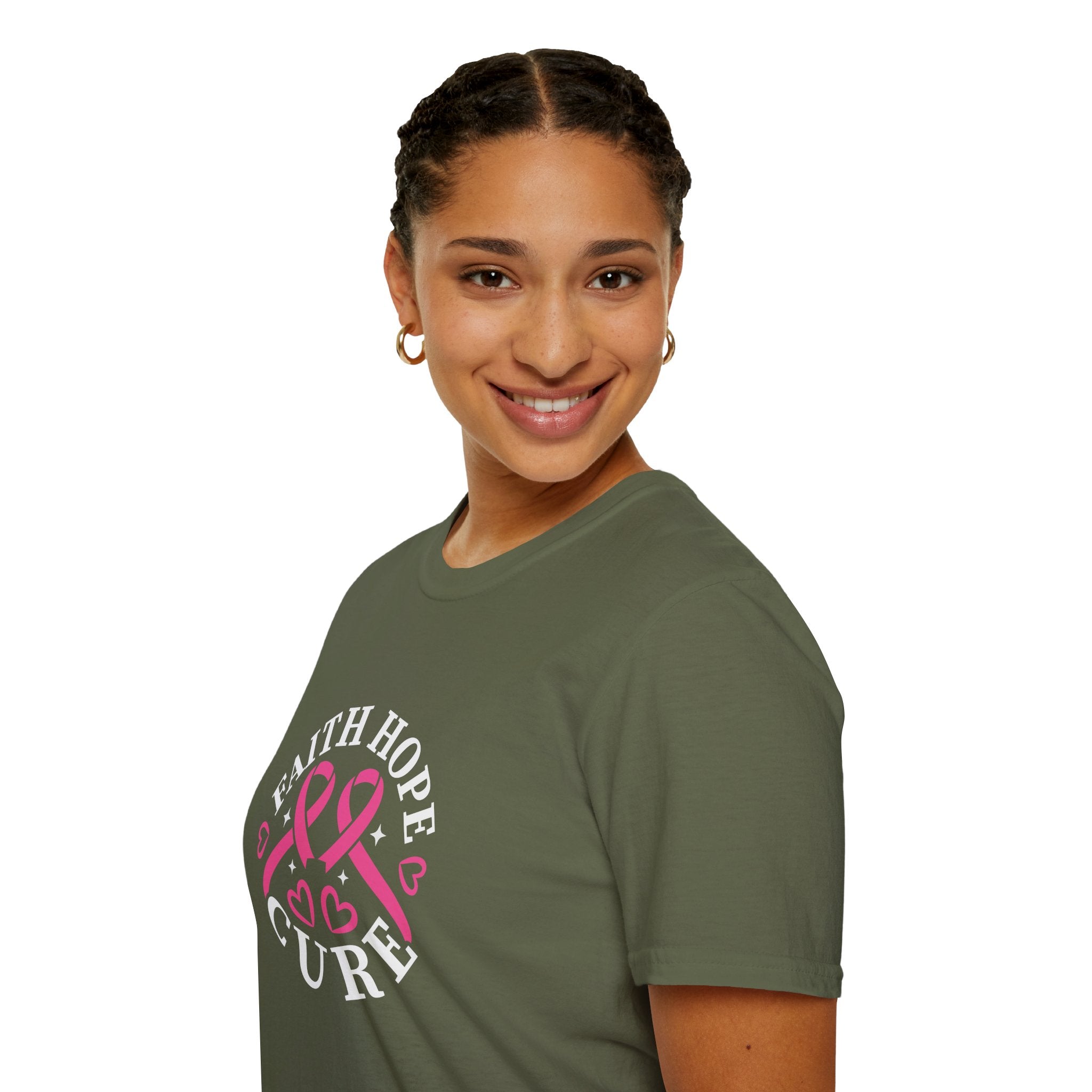 Faith Hope Cure Breast Cancer Awareness T-Shirt — Pink Ribbon Gift for Her Support Graphic Tee