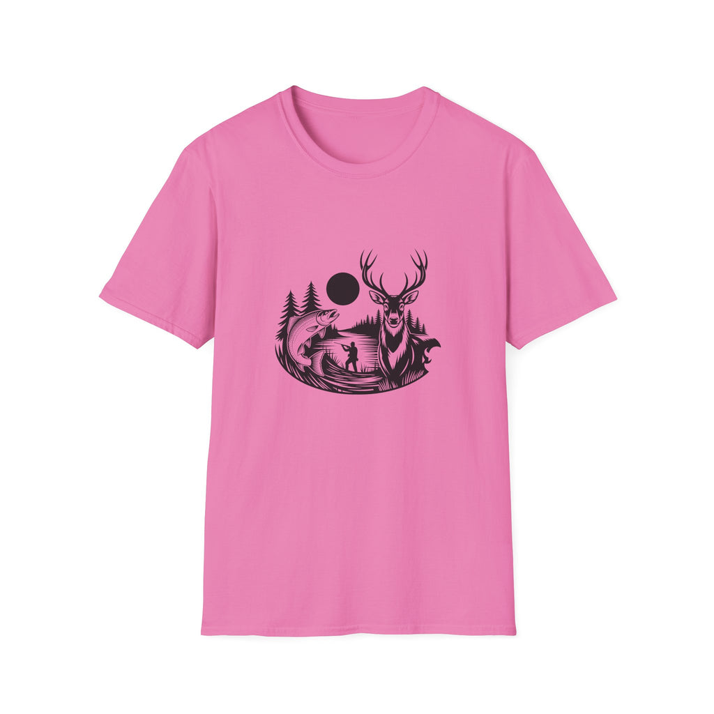 Deer & Fish Forest Silhouette T-Shirt — Rustic Outdoor Gift for Hunters Graphic Tee