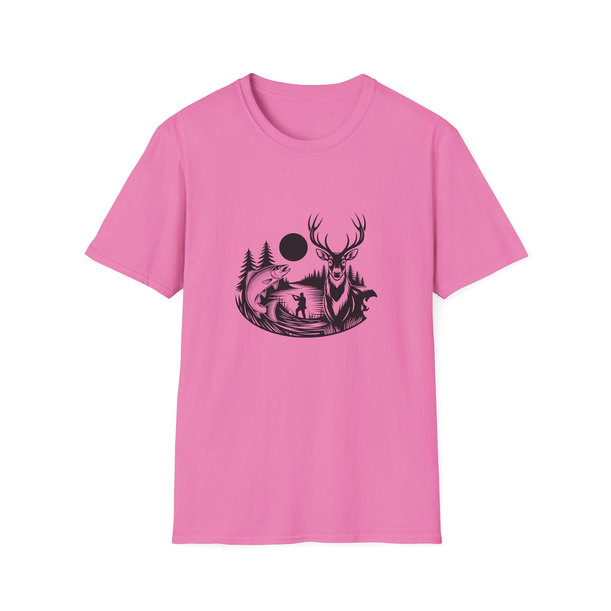 Deer & Fish Forest Silhouette T-Shirt — Rustic Outdoor Gift for Hunters Graphic Tee