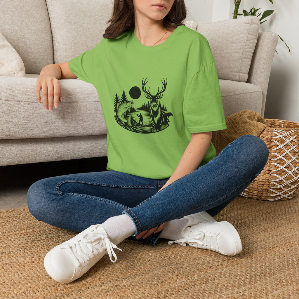Deer & Fish Forest Silhouette T-Shirt — Rustic Outdoor Gift for Hunters Graphic Tee