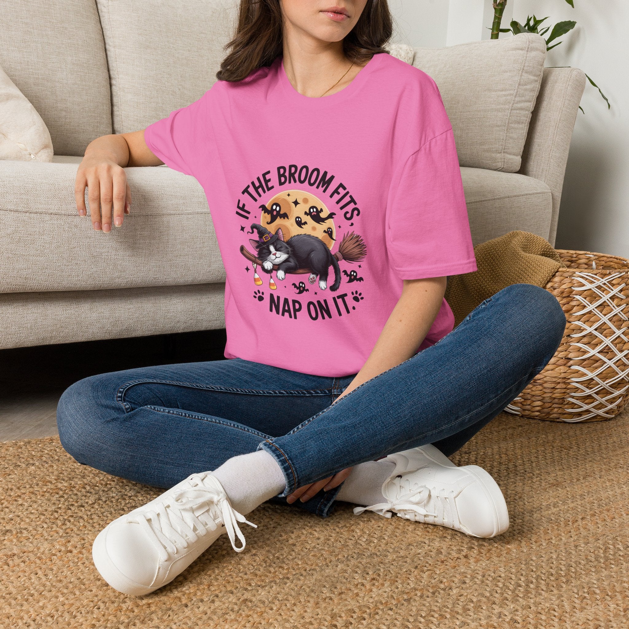 If the Broom Fits Nap on It Cat T-Shirt — Funny Halloween Gift for Women Witchy Tee