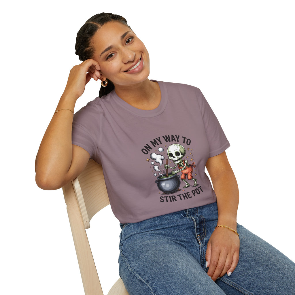 On My Way to Stir the Pot Skeleton T-Shirt — Funny Halloween Gift for Women